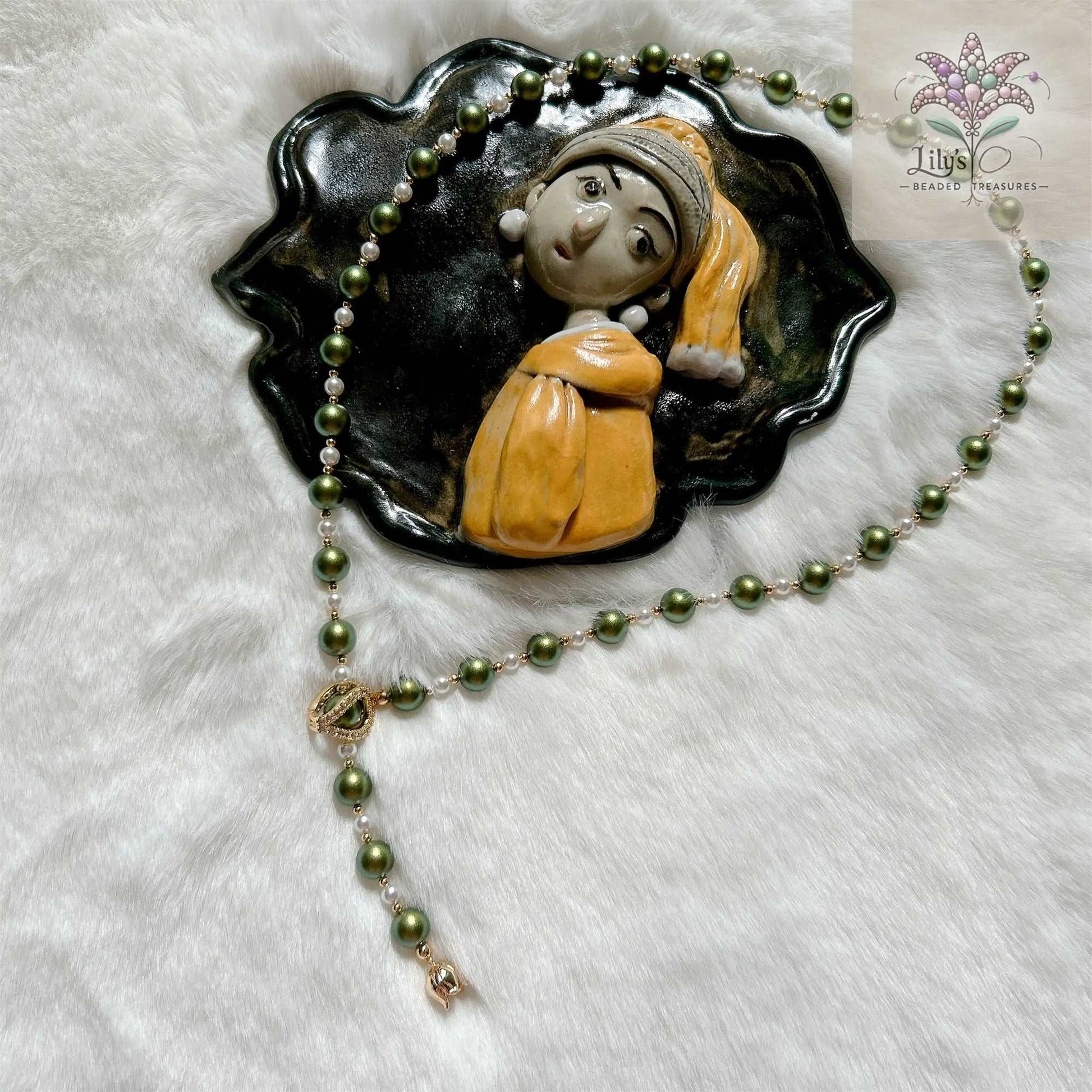 Iridescent Green Pearl Long Necklace With Metal Floral Clasp