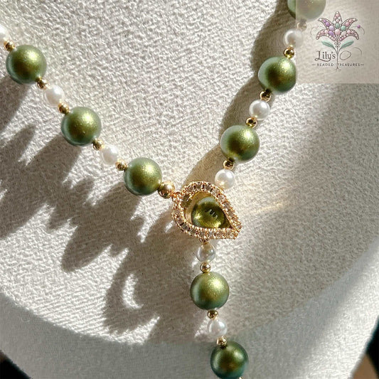 Iridescent Green Pearl Long Necklace With Metal Floral Clasp