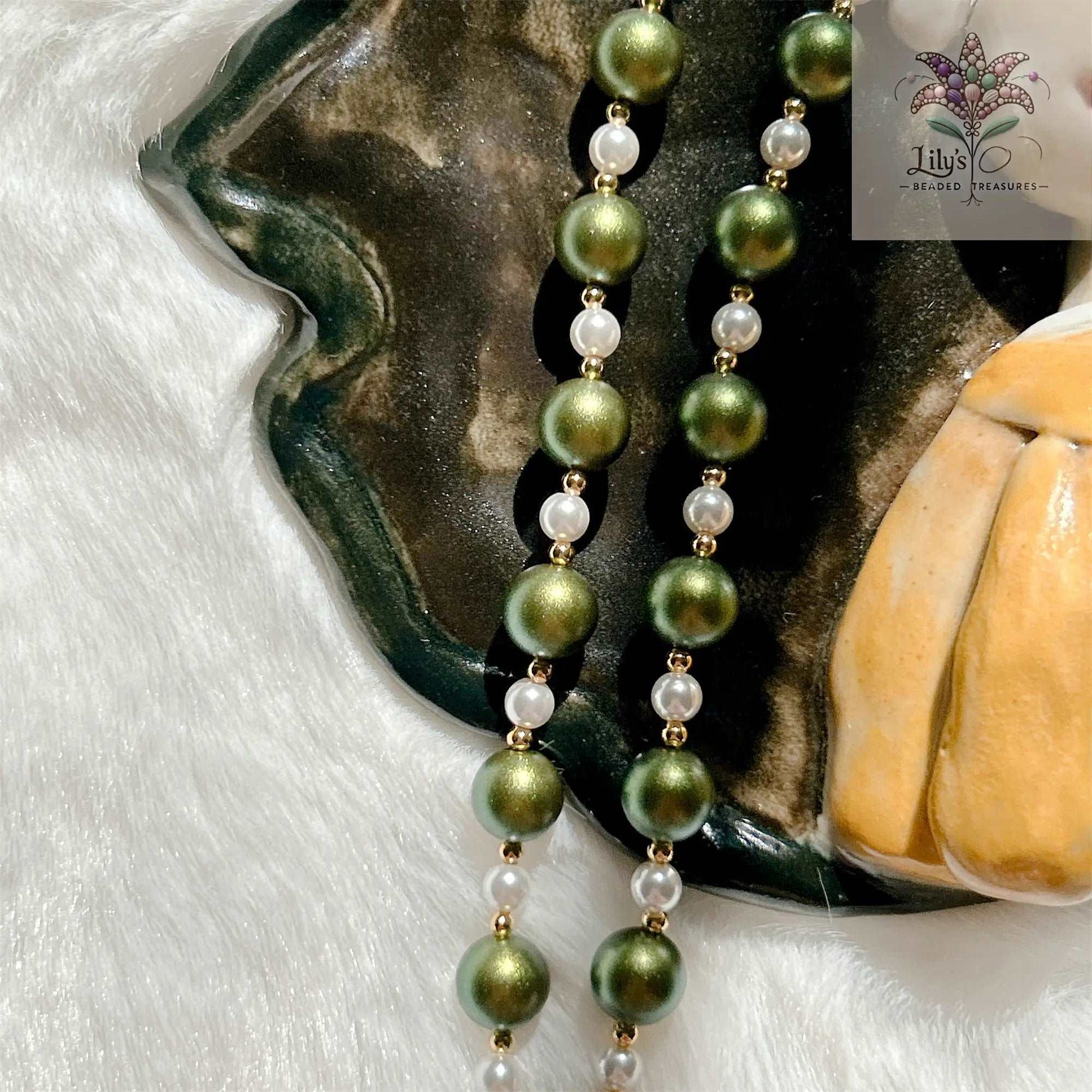 Iridescent Green Pearl Long Necklace With Metal Floral Clasp