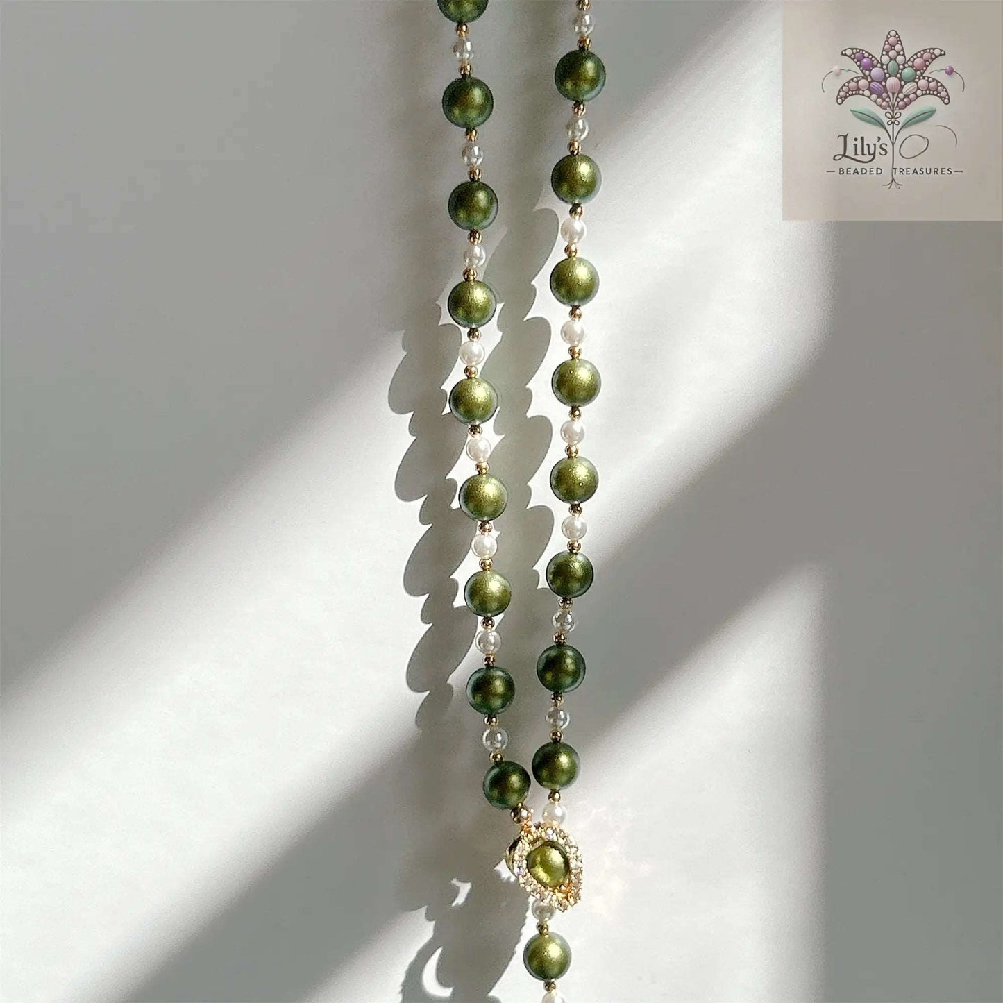 Iridescent Green Pearl Long Necklace With Metal Floral Clasp