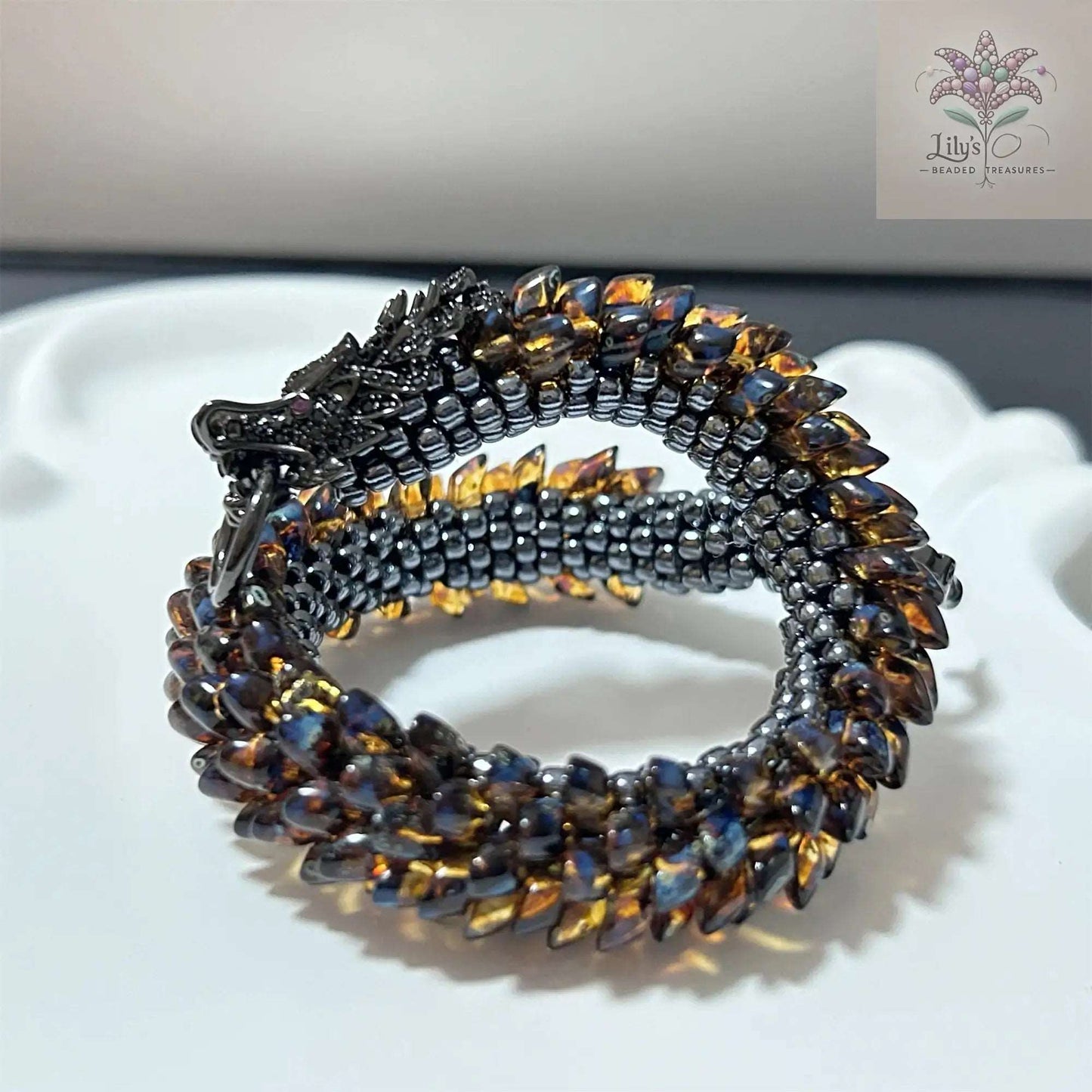 Handcrafted Beaded Bracelet Dragon Roar Amber Scale Black Head