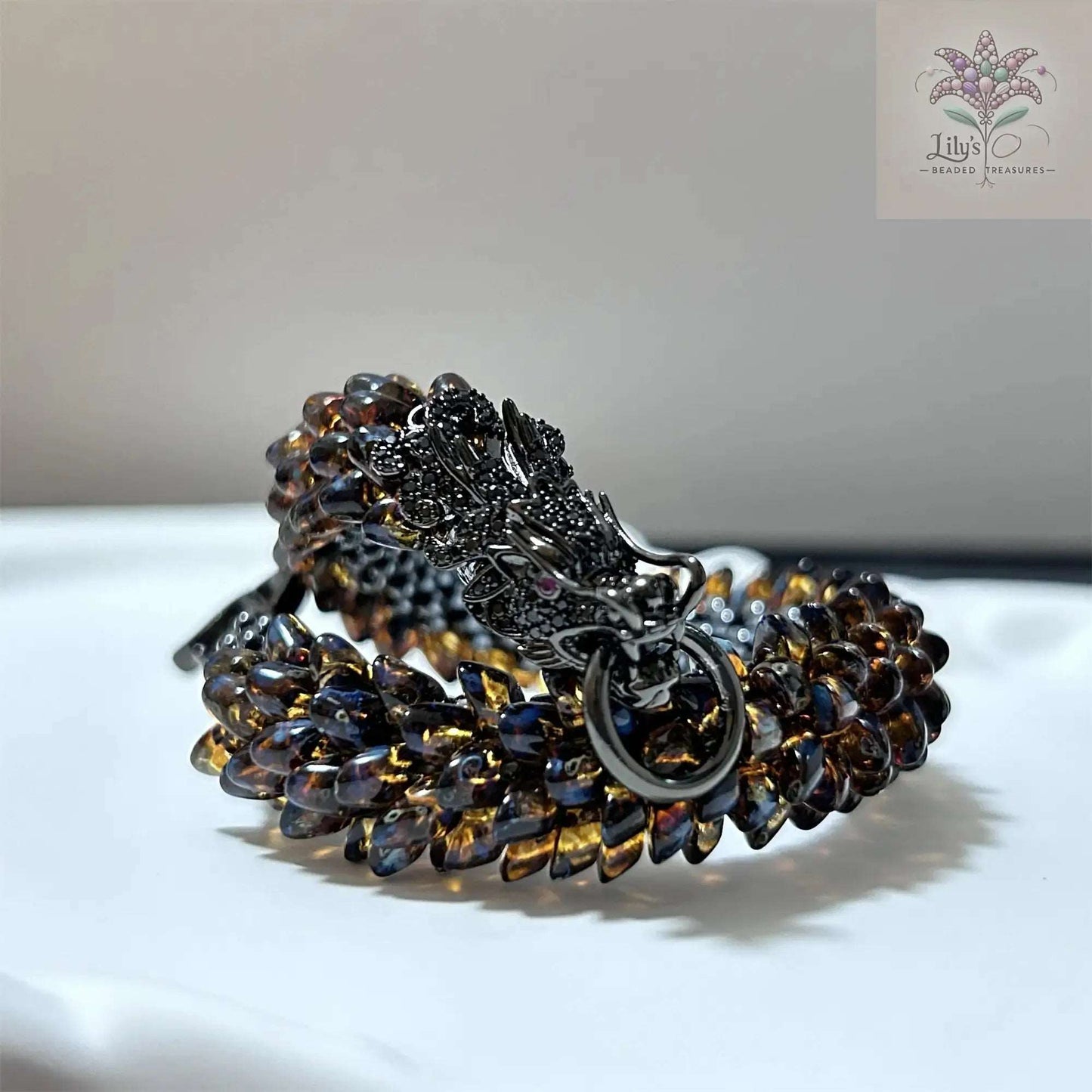 Handcrafted Beaded Bracelet Dragon Roar Amber Scale Black Head