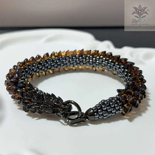 Handcrafted Beaded Bracelet Dragon Roar Amber Scale Black Head