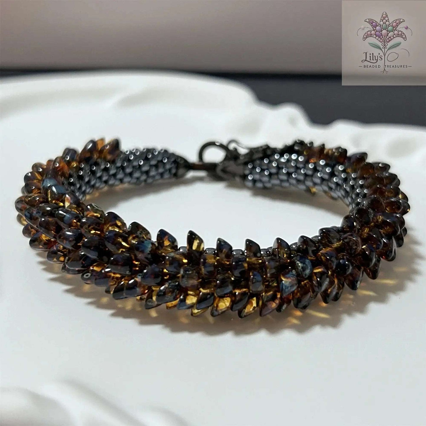 Handcrafted Beaded Bracelet Dragon Roar Amber Scale Black Head