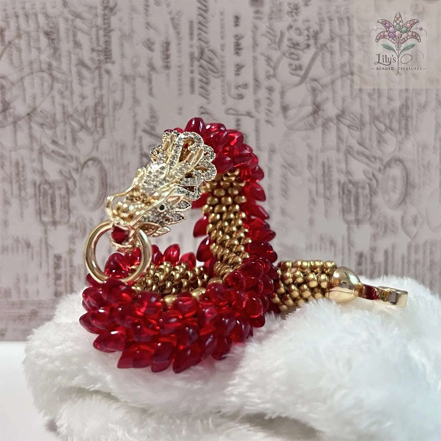 Handcrafted Beaded Bracelet Dragon Roar Red Scale Golden Head