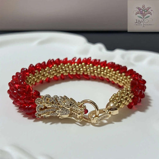 Handcrafted Beaded Bracelet Dragon Roar Red Scale Golden Head