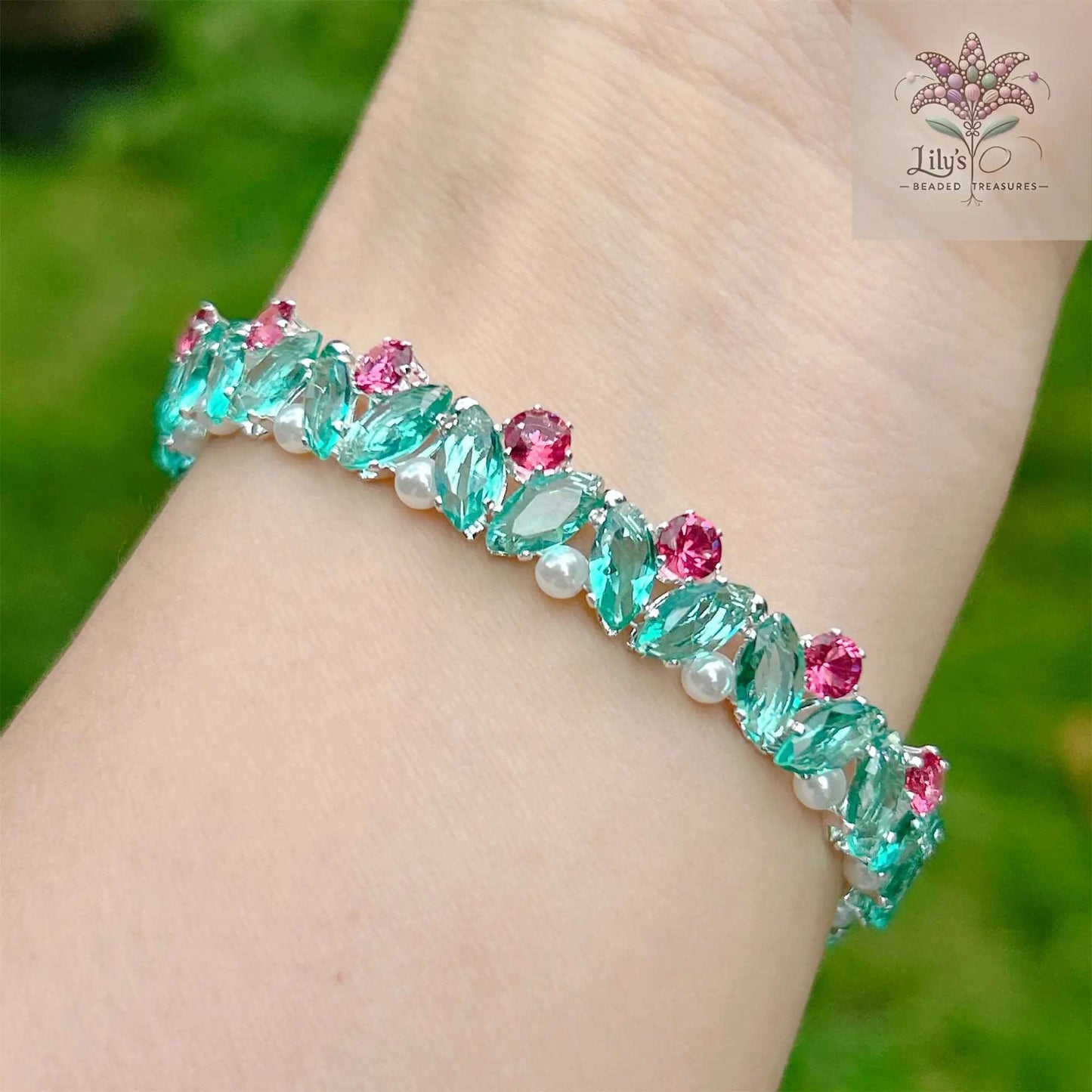 Handcrafted Bracelet With Prong Setting Rhinestones And Crystal Pearls