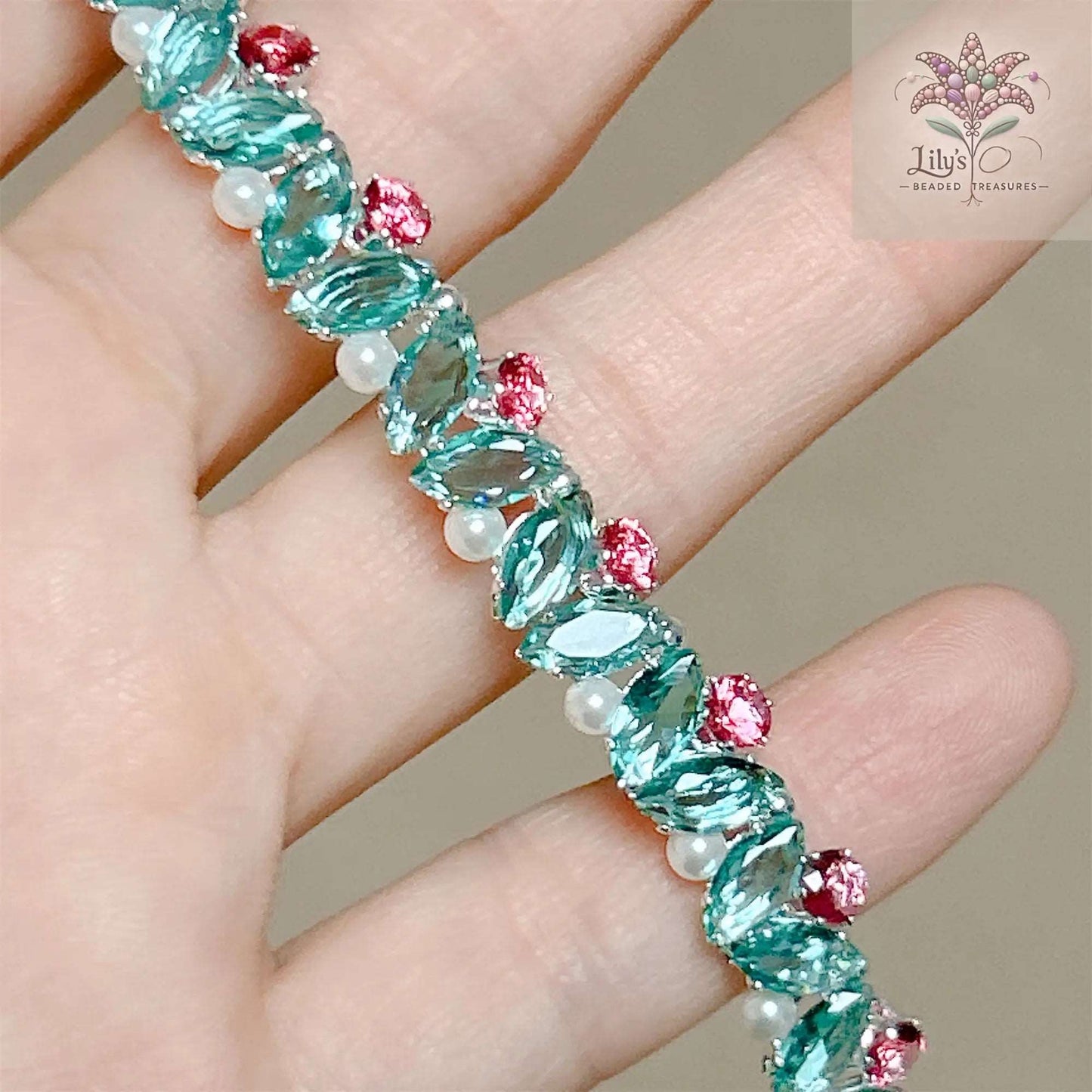 Handcrafted Bracelet With Prong Setting Rhinestones And Crystal Pearls