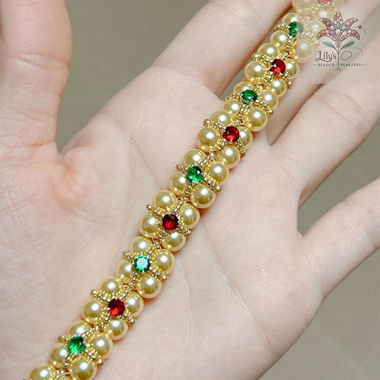 Handmade Beaded Bracelet With Golden Crystal Pearls And Green&Red Prong Setting Crystal Rhinestone Christmas Style