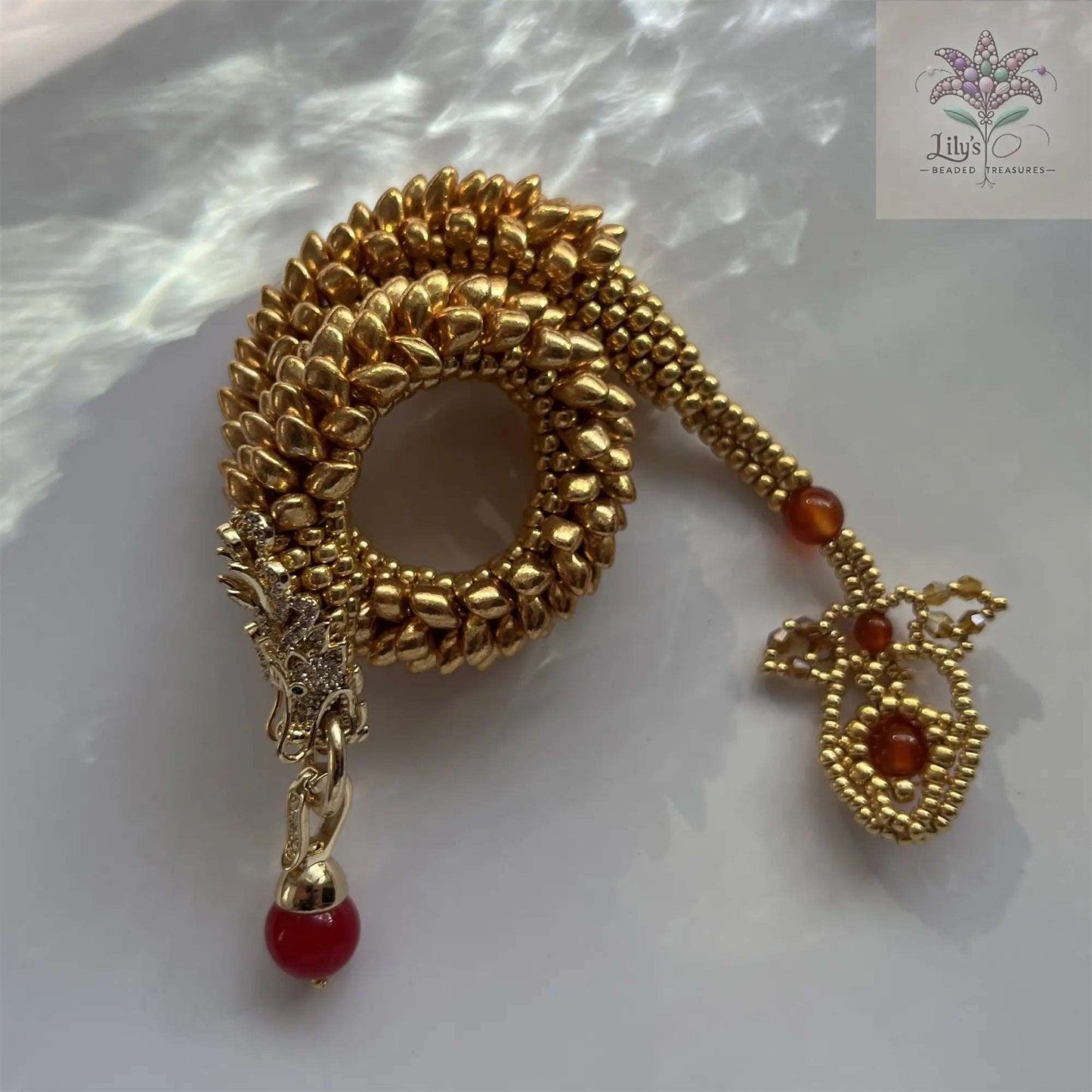 Handmade Beads Bracelet Dragon Roar Pro Max Golden Scales Golden Head With Red Gemstone
