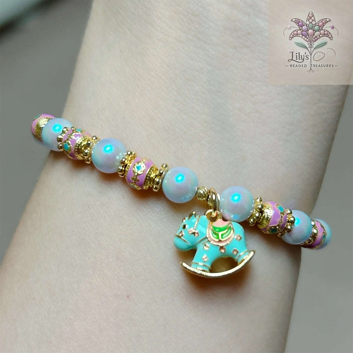 Crystal Pearls Bracelet With Mint Green Pony Charm