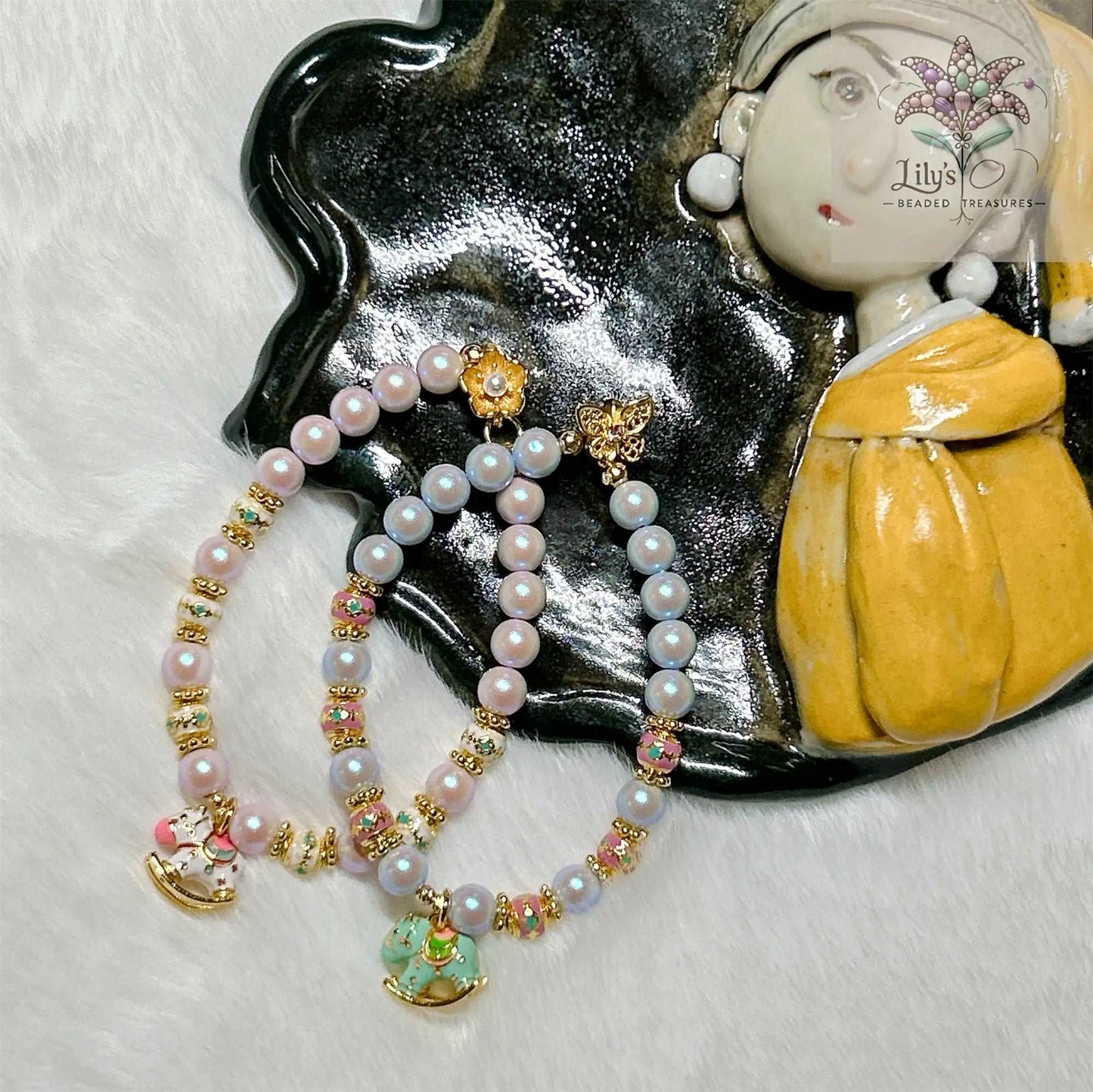 Crystal Pearls Bracelet With Mint Green Pony Charm