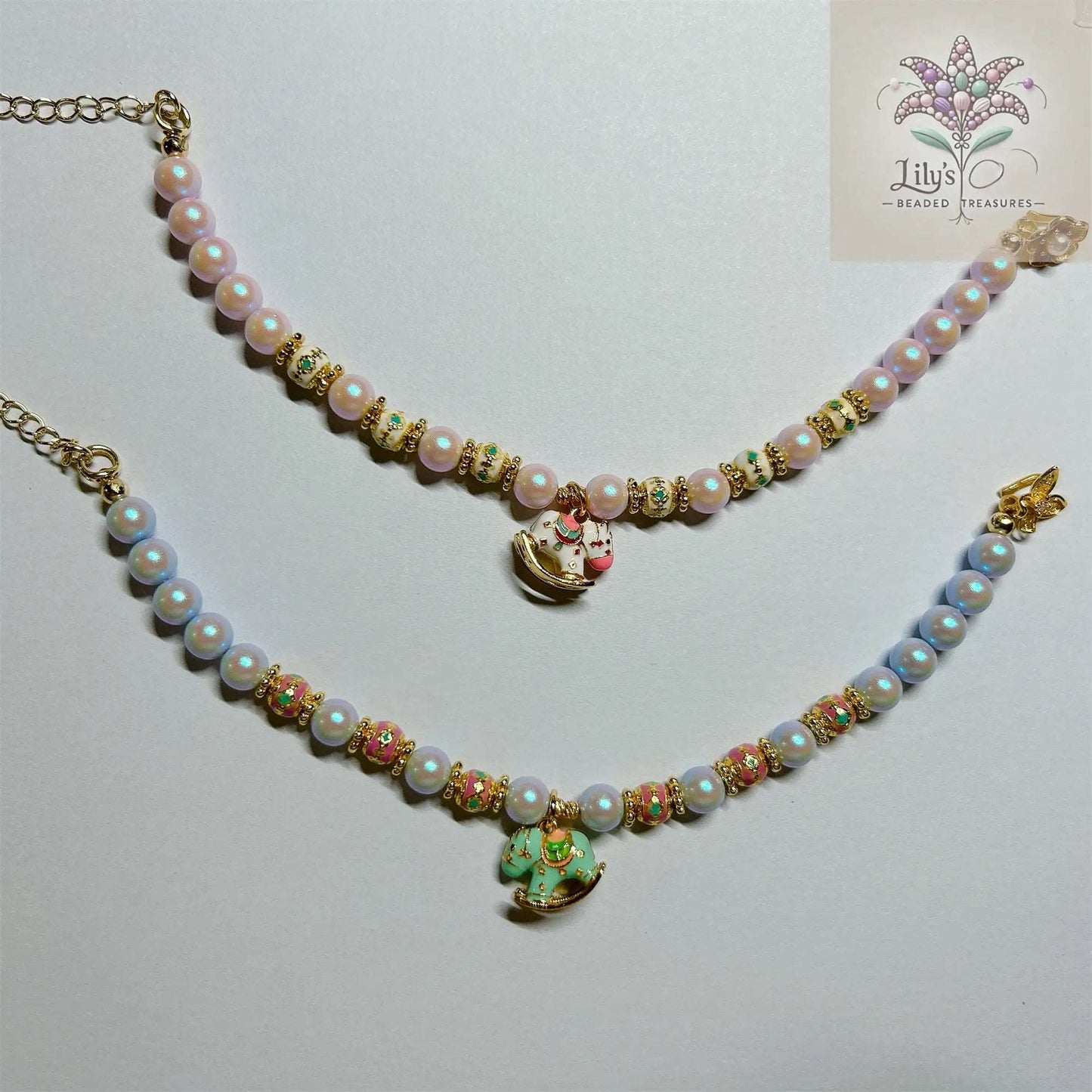 Crystal Pearls Bracelet With Mint Green Pony Charm