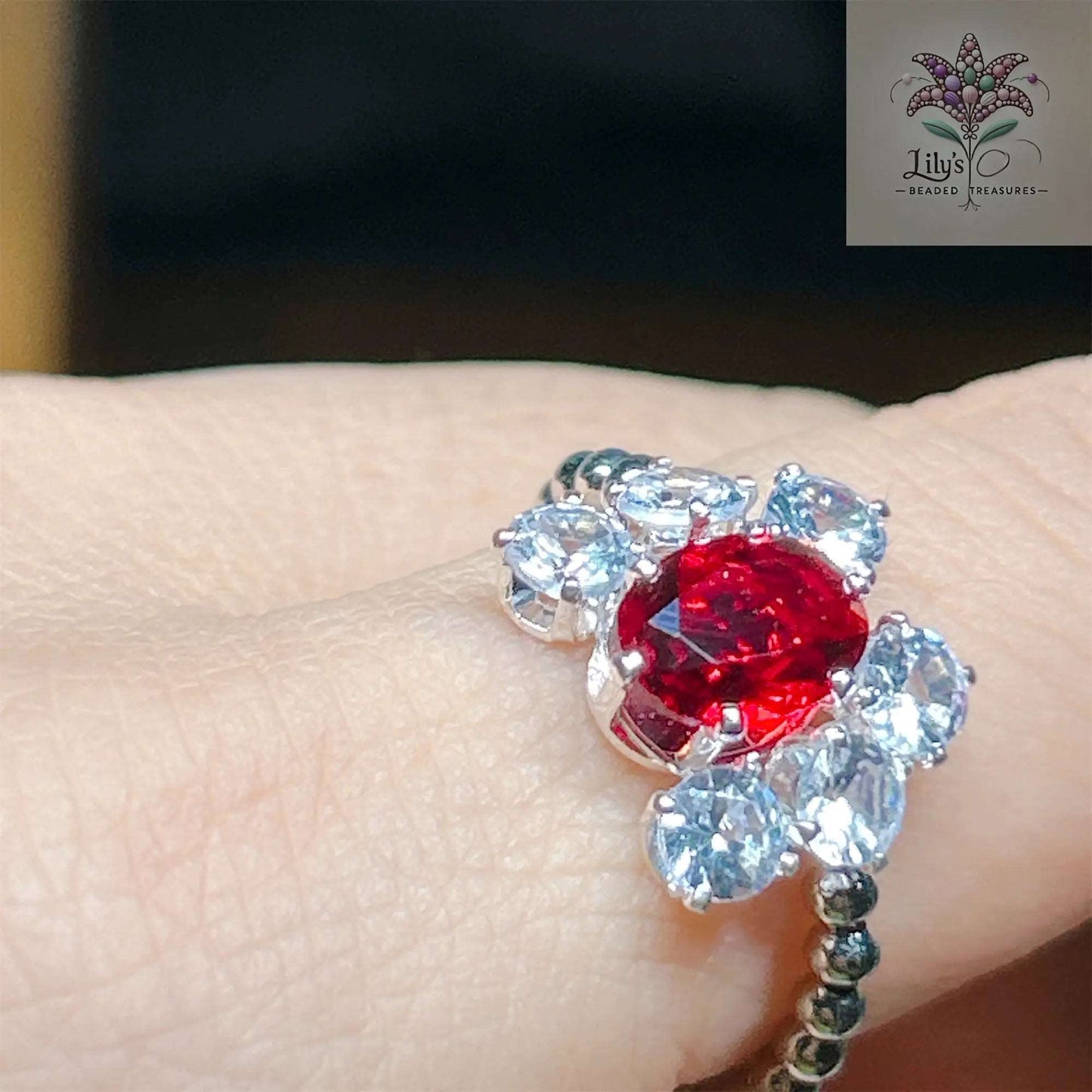 Handmade Beaded Ring Red Crystal Rhinestone Small Gift