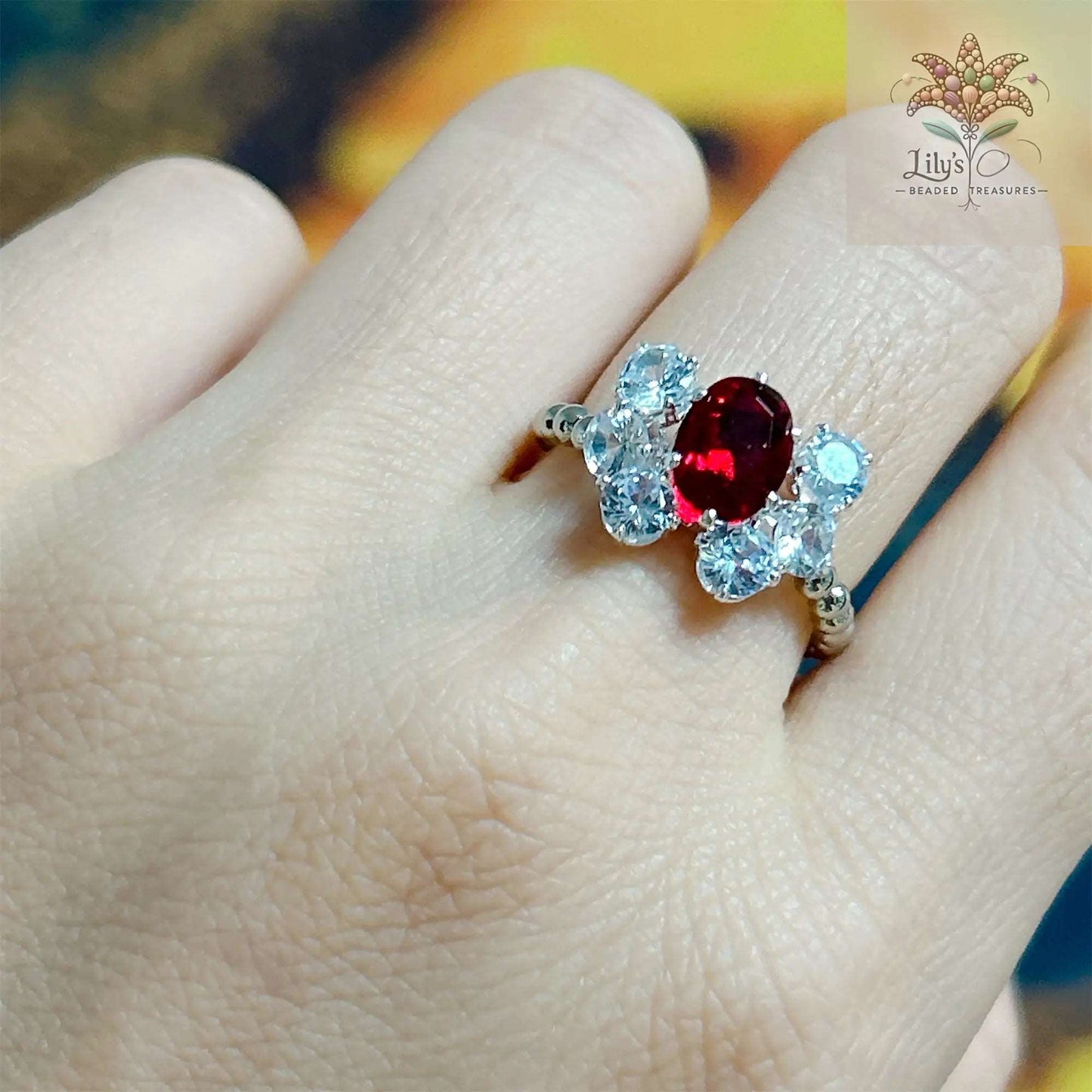 Handmade Beaded Ring Red Crystal Rhinestone Small Gift