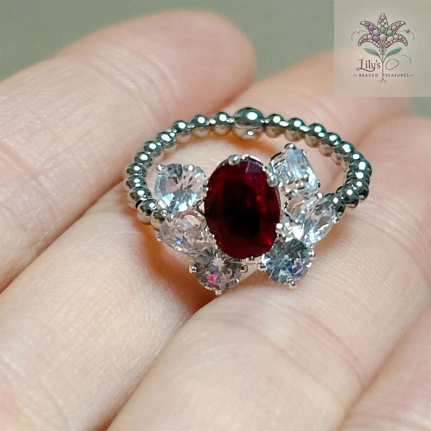 Handmade Beaded Ring Red Crystal Rhinestone Small Gift