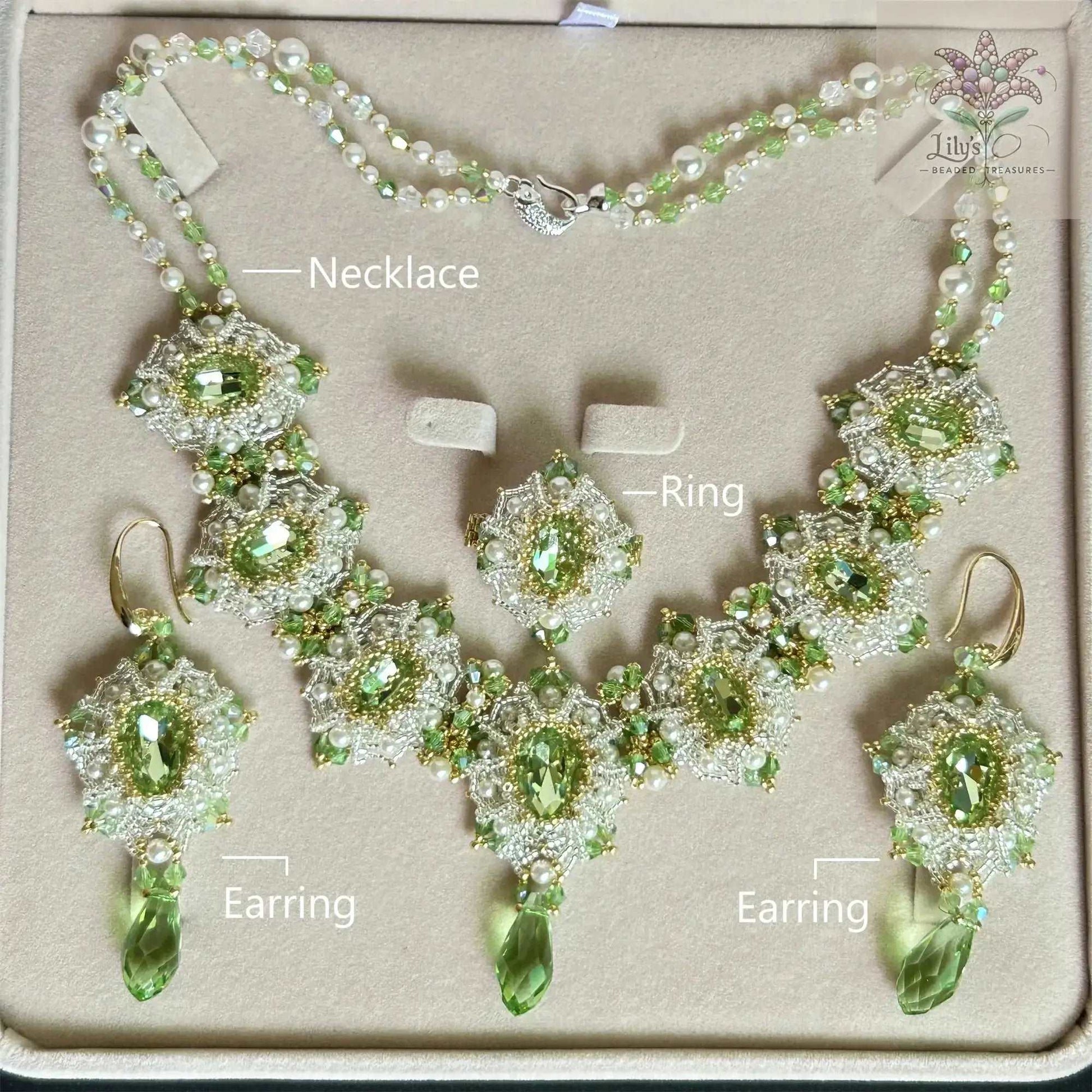 Green Glass Crystal Choker Wedding Handcrafted Beaded Necklace Earring Ring Set