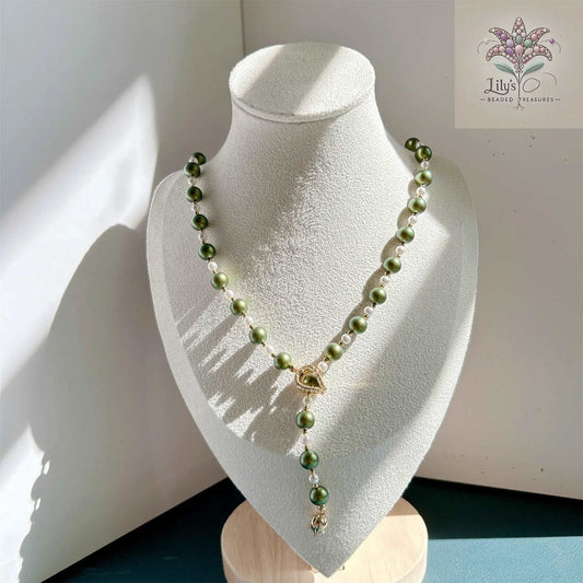 Iridescent Green Pearl Long Necklace With Metal Floral Clasp