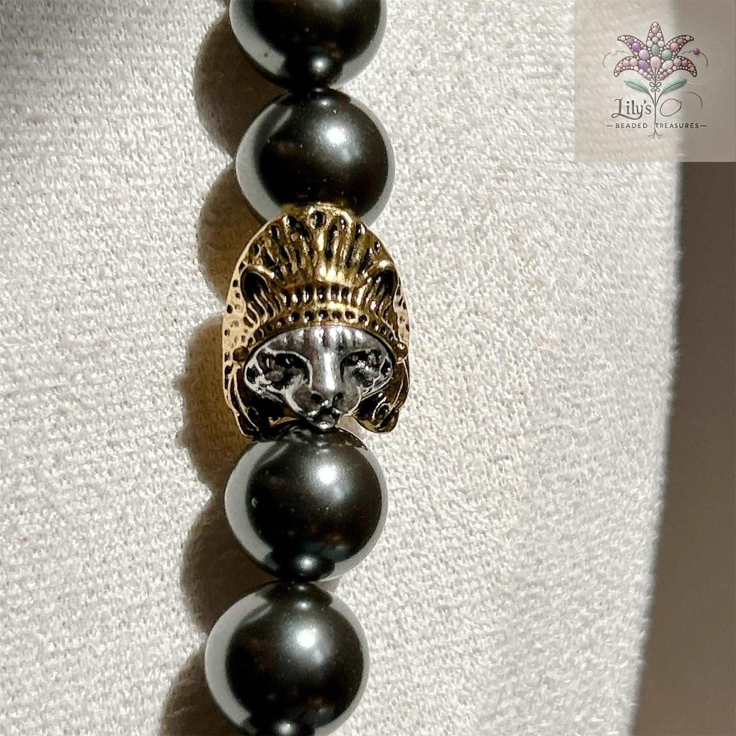 Black Crystal Pearls Necklace With Egyptian Mau Spacer & Toggle Clasp