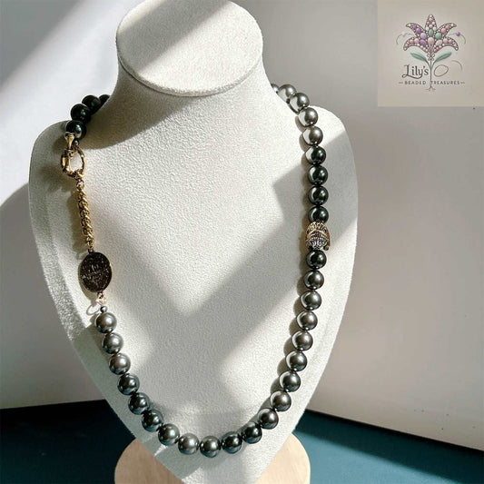 Black Crystal Pearls Necklace With Egyptian Mau Spacer & Toggle Clasp