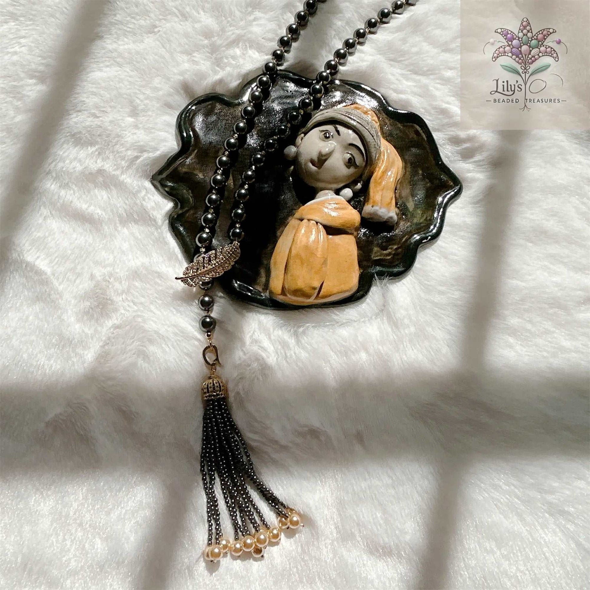 Black Crystal Pearls Sweater Necklace With Tassel Style Pendant And Golden Metal Spacer Beads