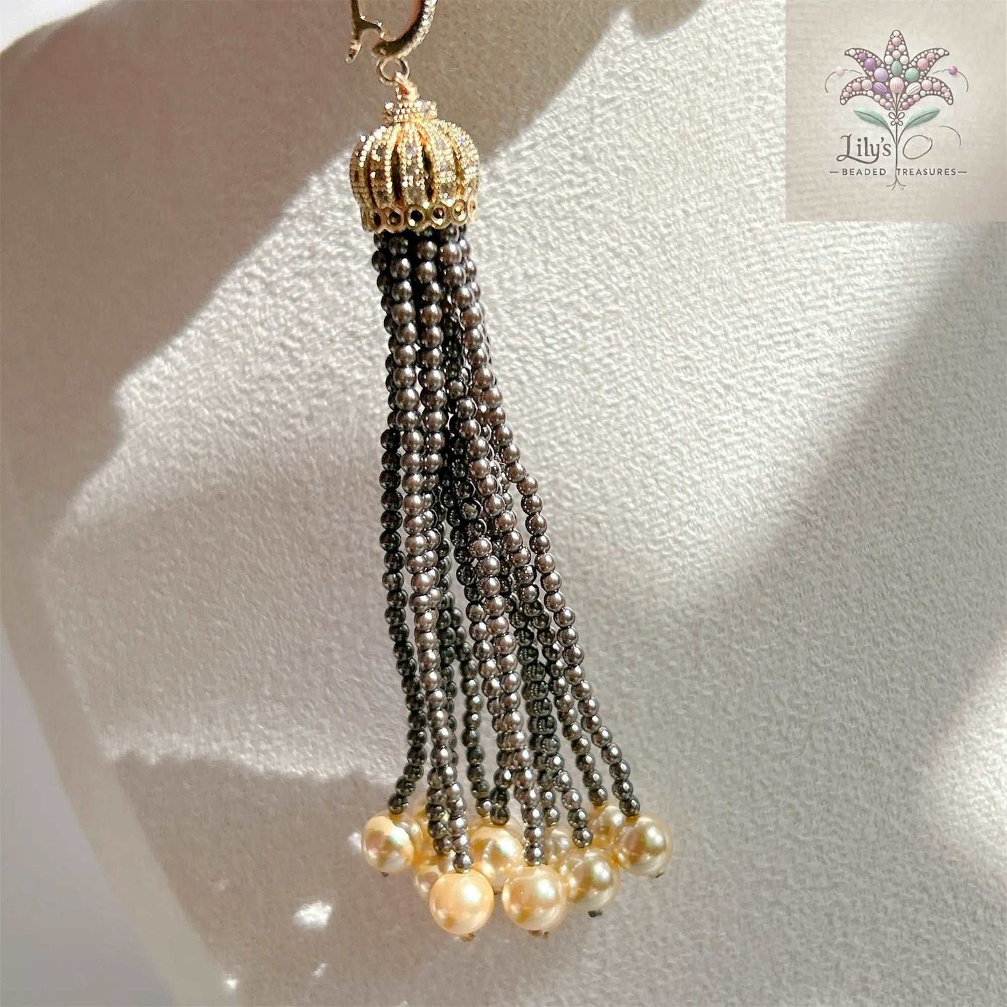 Black Crystal Pearls Sweater Necklace With Tassel Style Pendant And Golden Metal Spacer Beads