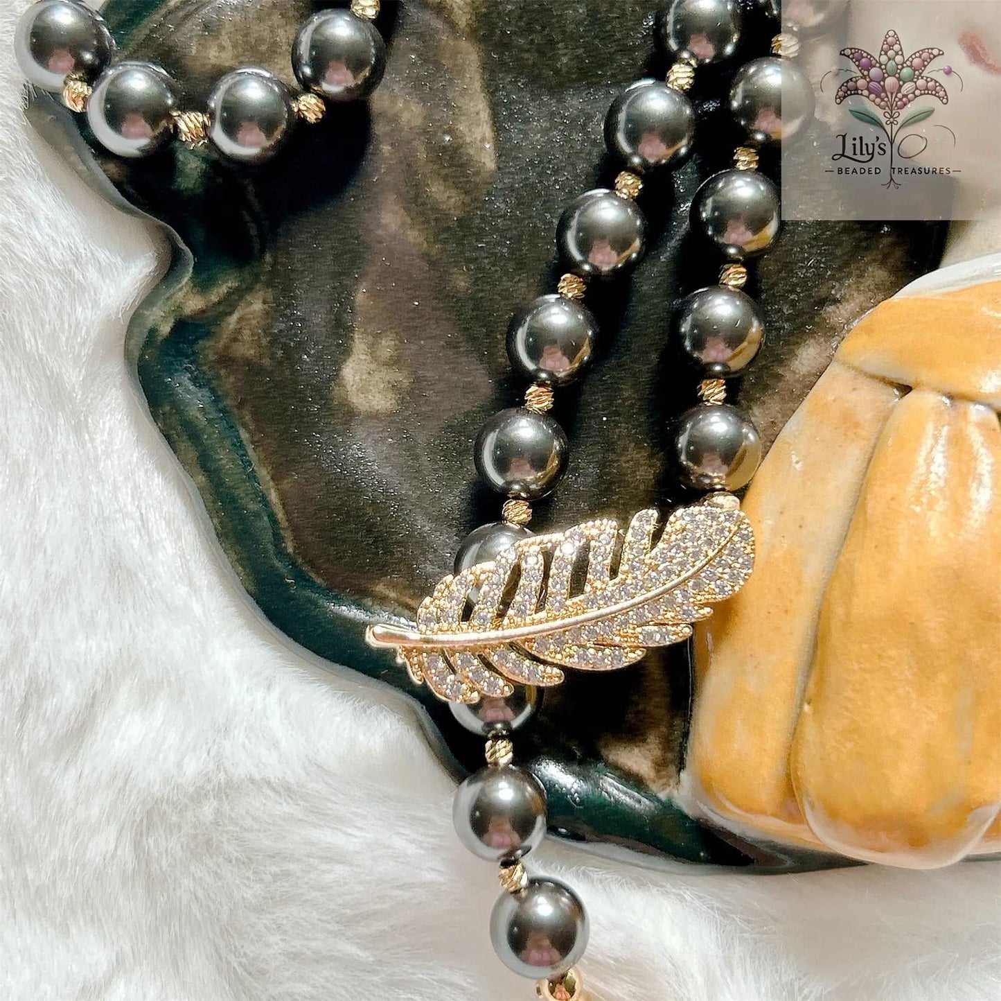 Black Crystal Pearls Sweater Necklace With Tassel Style Pendant And Golden Metal Spacer Beads