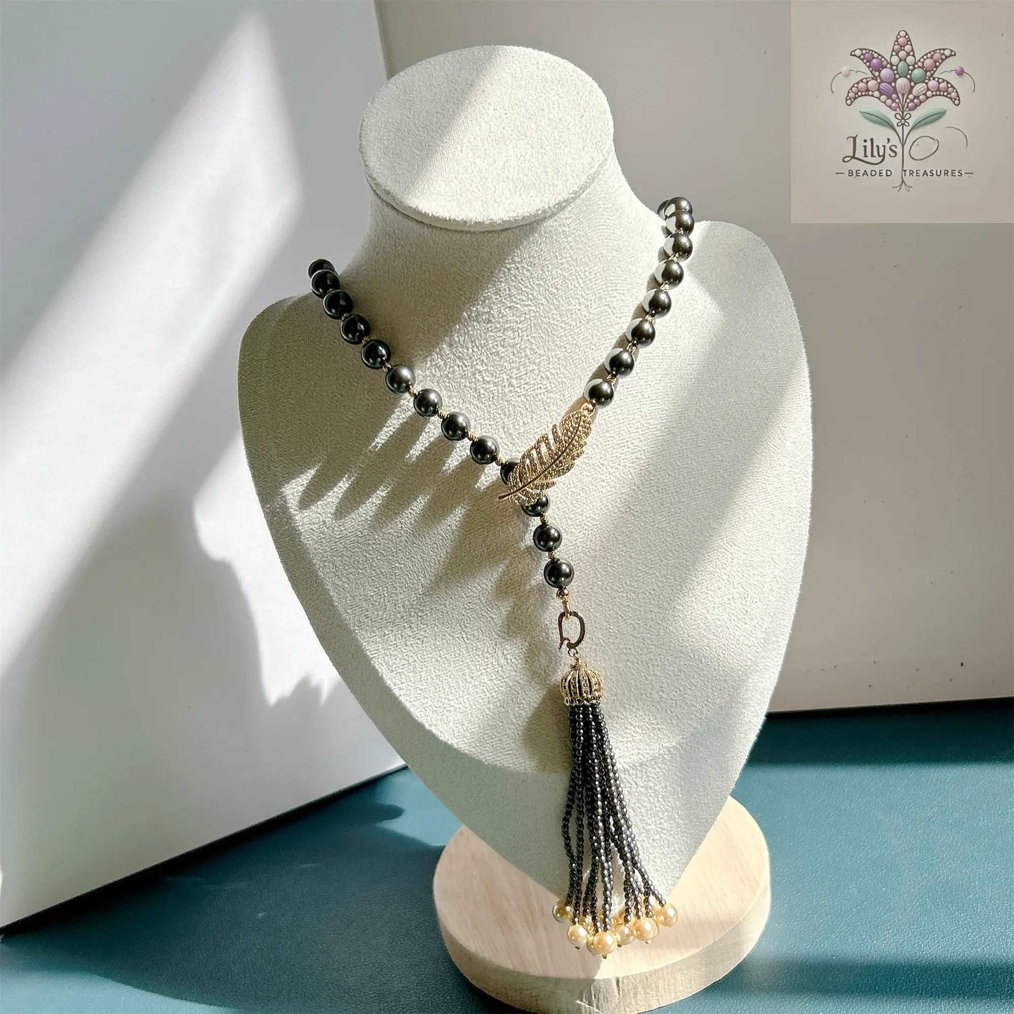 Black Crystal Pearls Sweater Necklace With Tassel Style Pendant And Golden Metal Spacer Beads