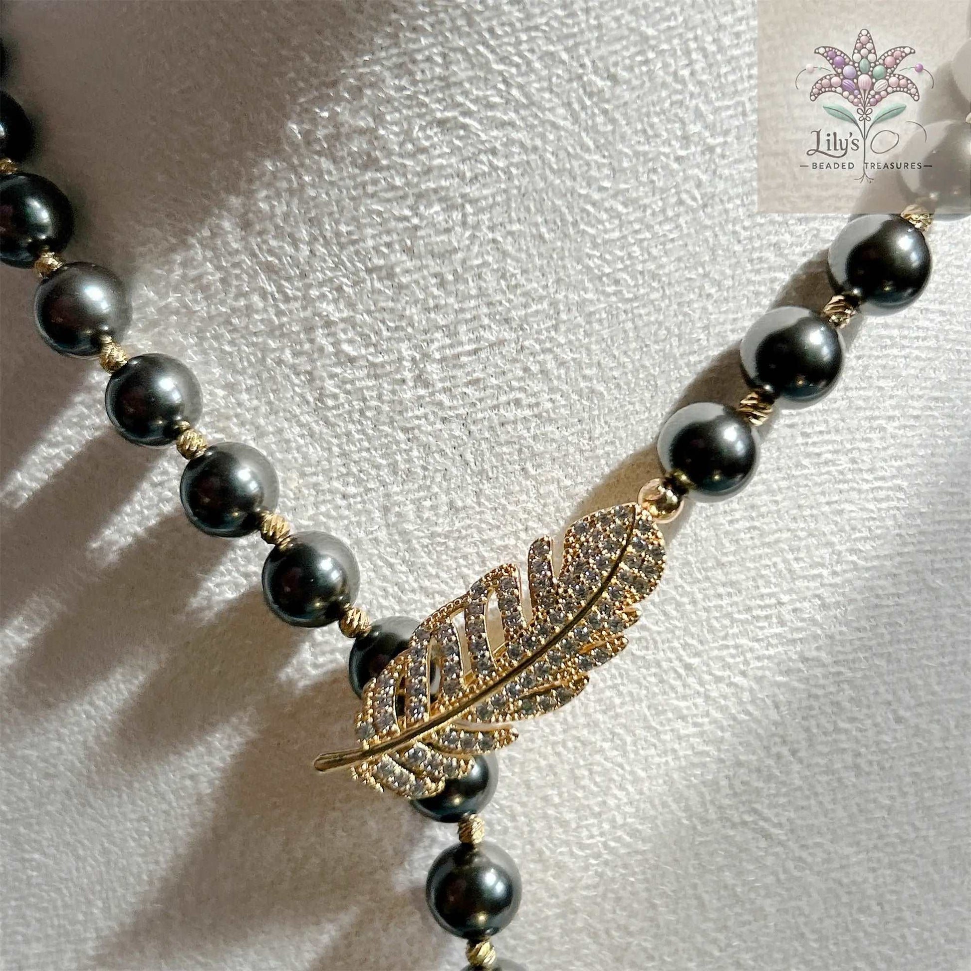 Black Crystal Pearls Sweater Necklace With Tassel Style Pendant And Golden Metal Spacer Beads