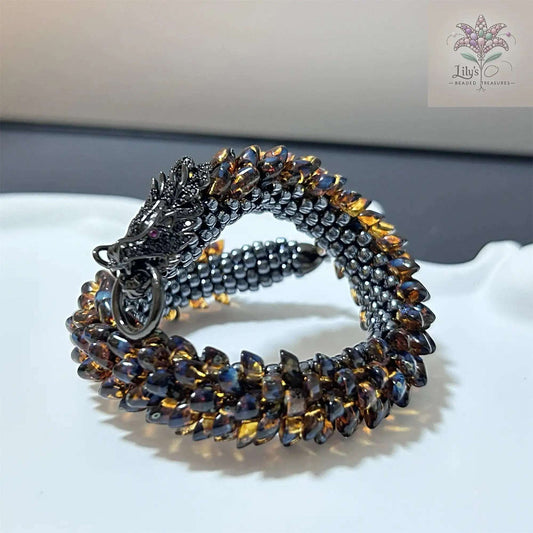 Handcrafted Beaded Bracelet Dragon Roar Amber Scale Black Head