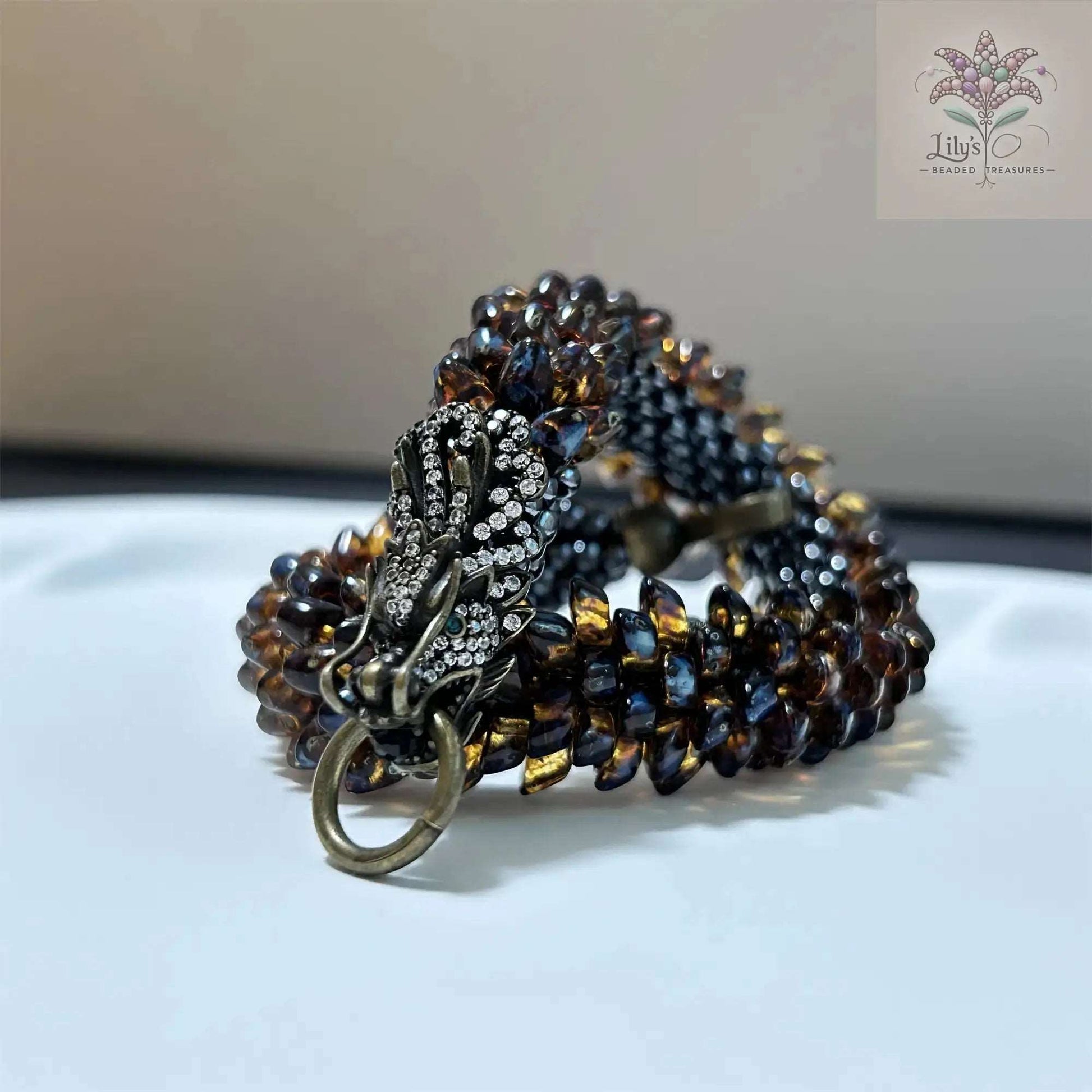 Handcrafted Beaded Bracelet Dragon Roar Amber Scale Bronze Head