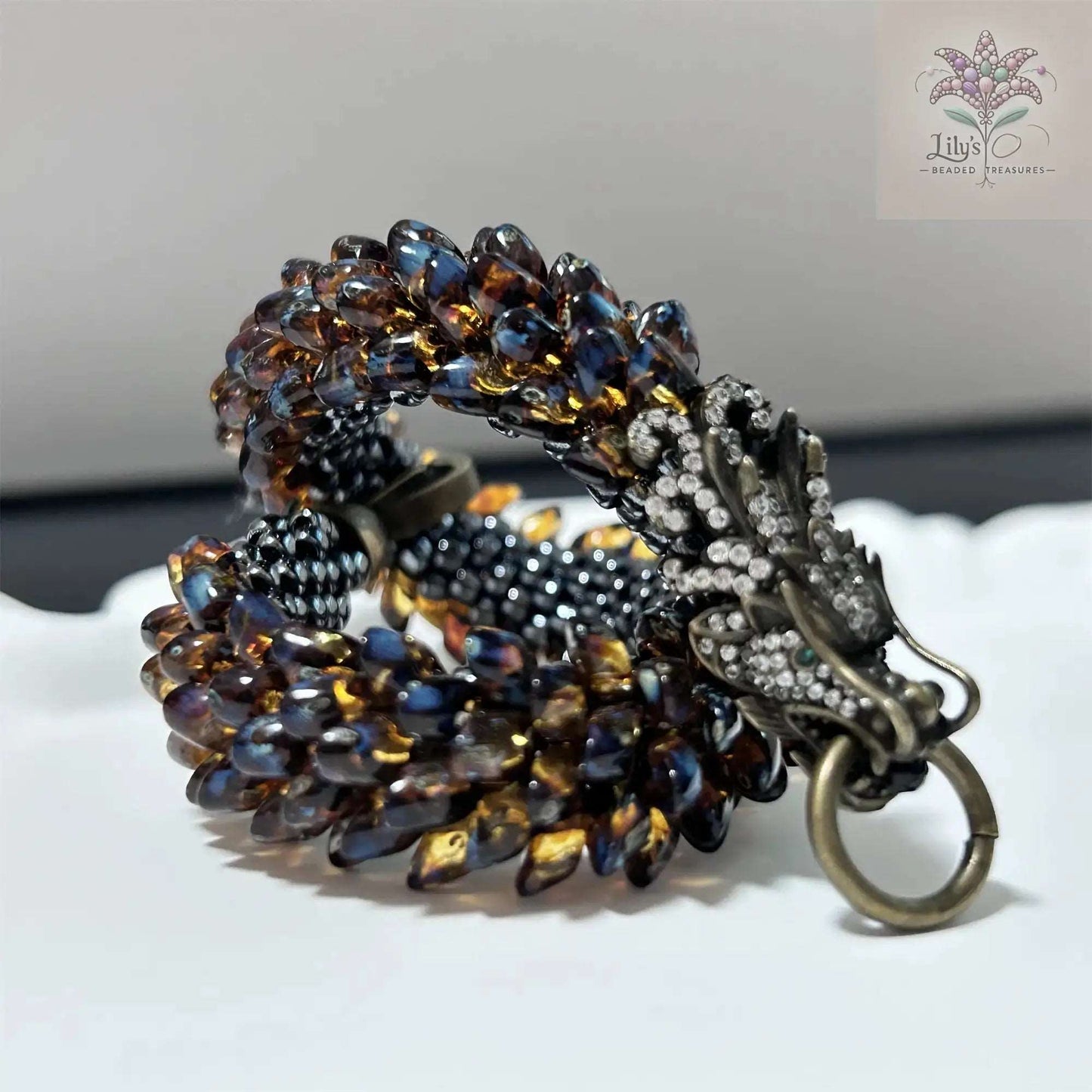 Handcrafted Beaded Bracelet Dragon Roar Amber Scale Bronze Head