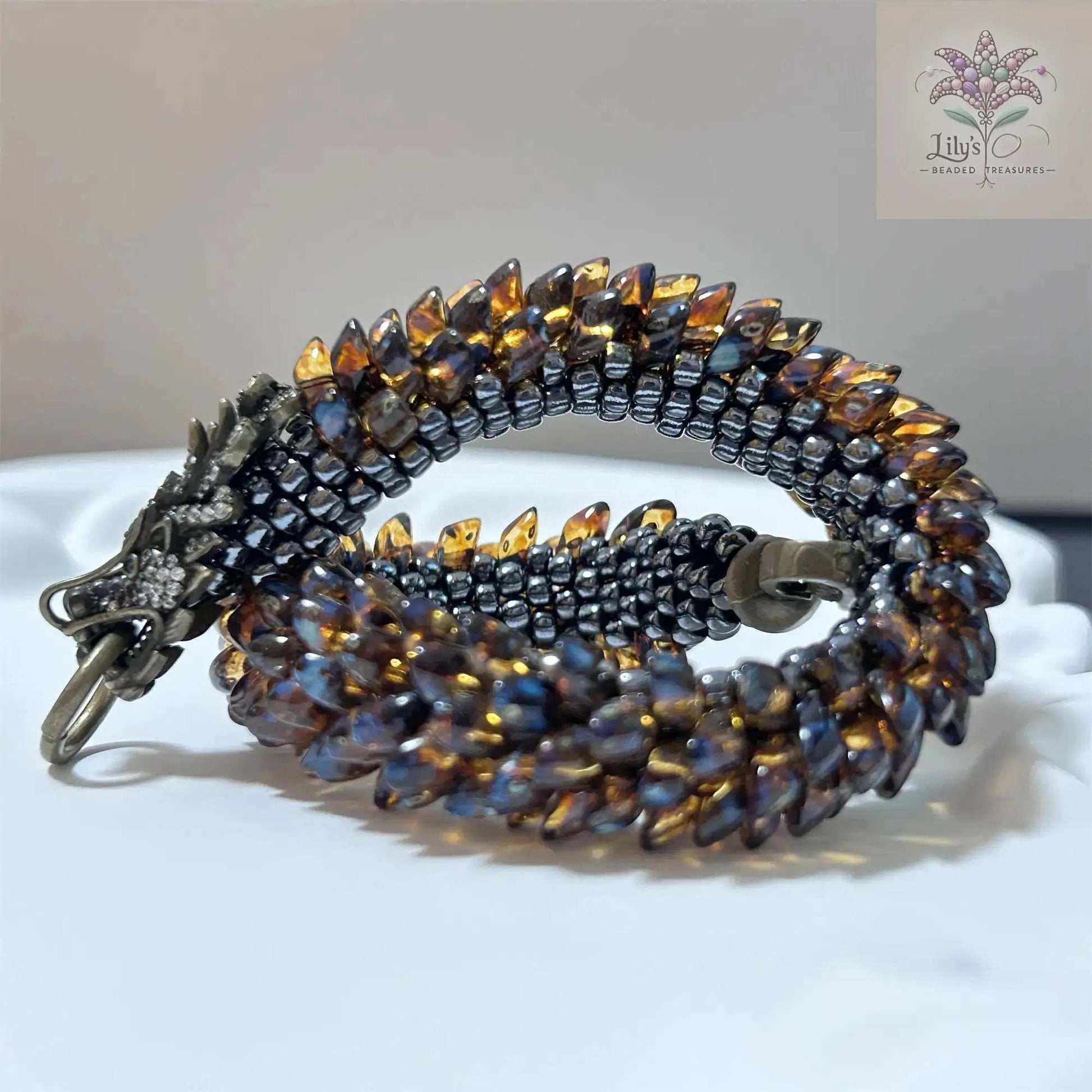 Handcrafted Beaded Bracelet Dragon Roar Amber Scale Bronze Head