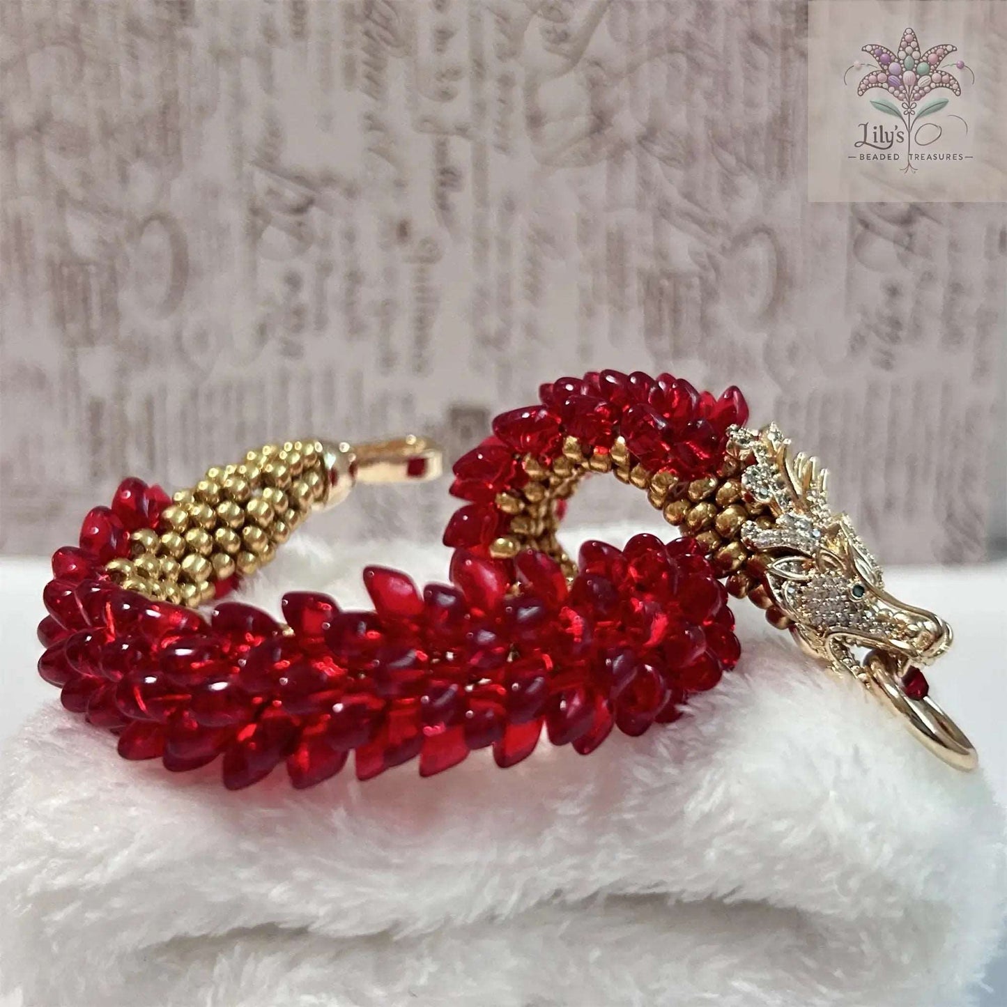 Handcrafted Beaded Bracelet Dragon Roar Red Scale Golden Head