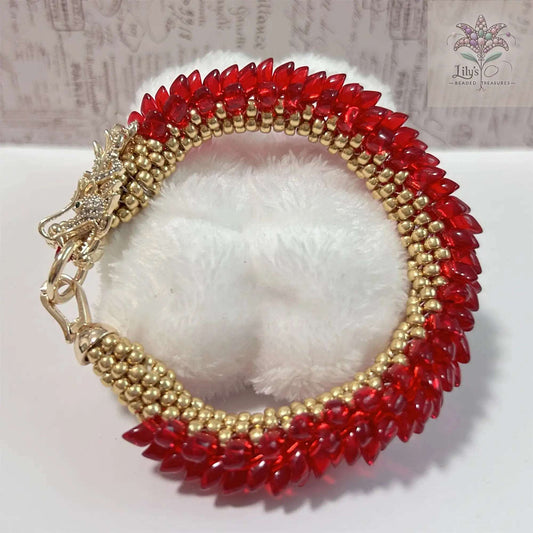 Handcrafted Beaded Bracelet Dragon Roar Red Scale Golden Head