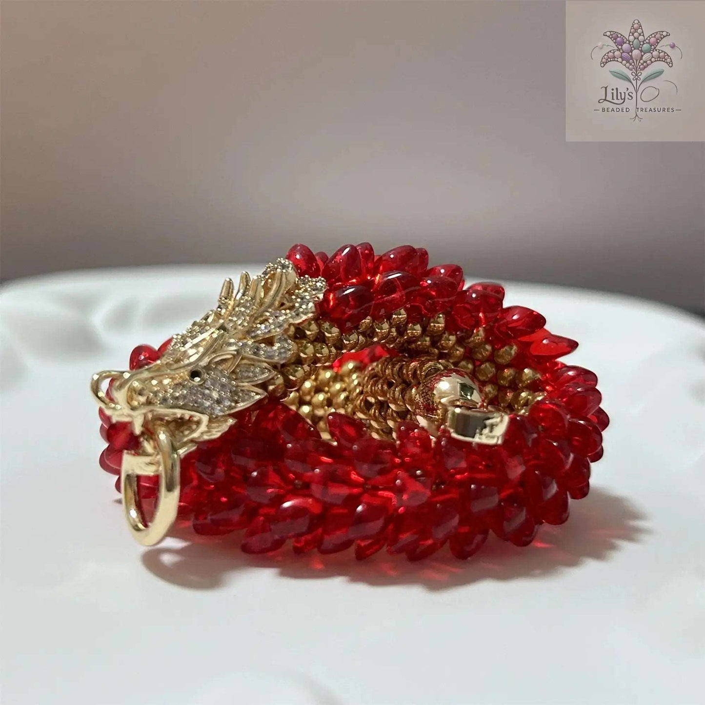 Handcrafted Beaded Bracelet Dragon Roar Red Scale Golden Head