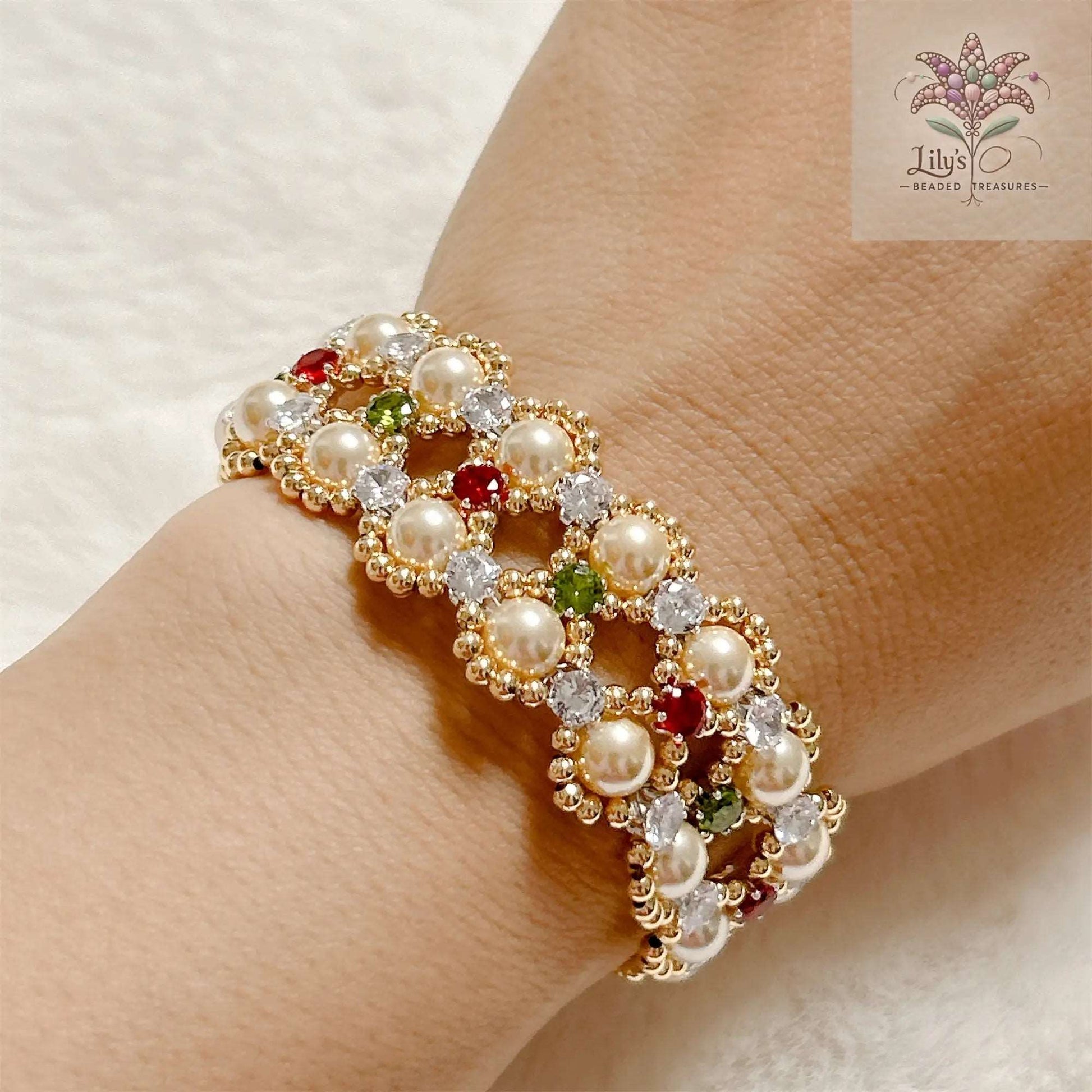 Handcrafted Bracelet With Golden Crystal Pearls And Green & Red Prong Setting Crystal Rhinestone For Christmas Gift