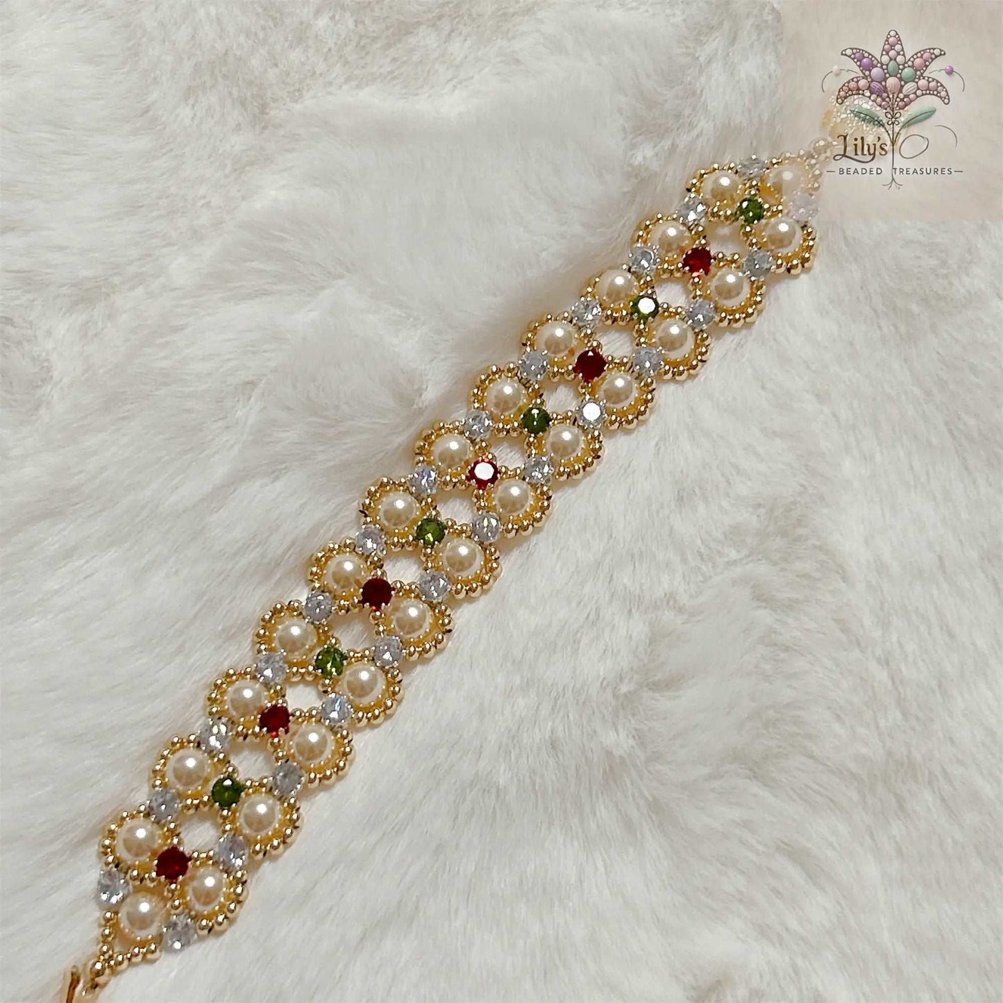 Handcrafted Bracelet With Golden Crystal Pearls And Green & Red Prong Setting Crystal Rhinestone For Christmas Gift