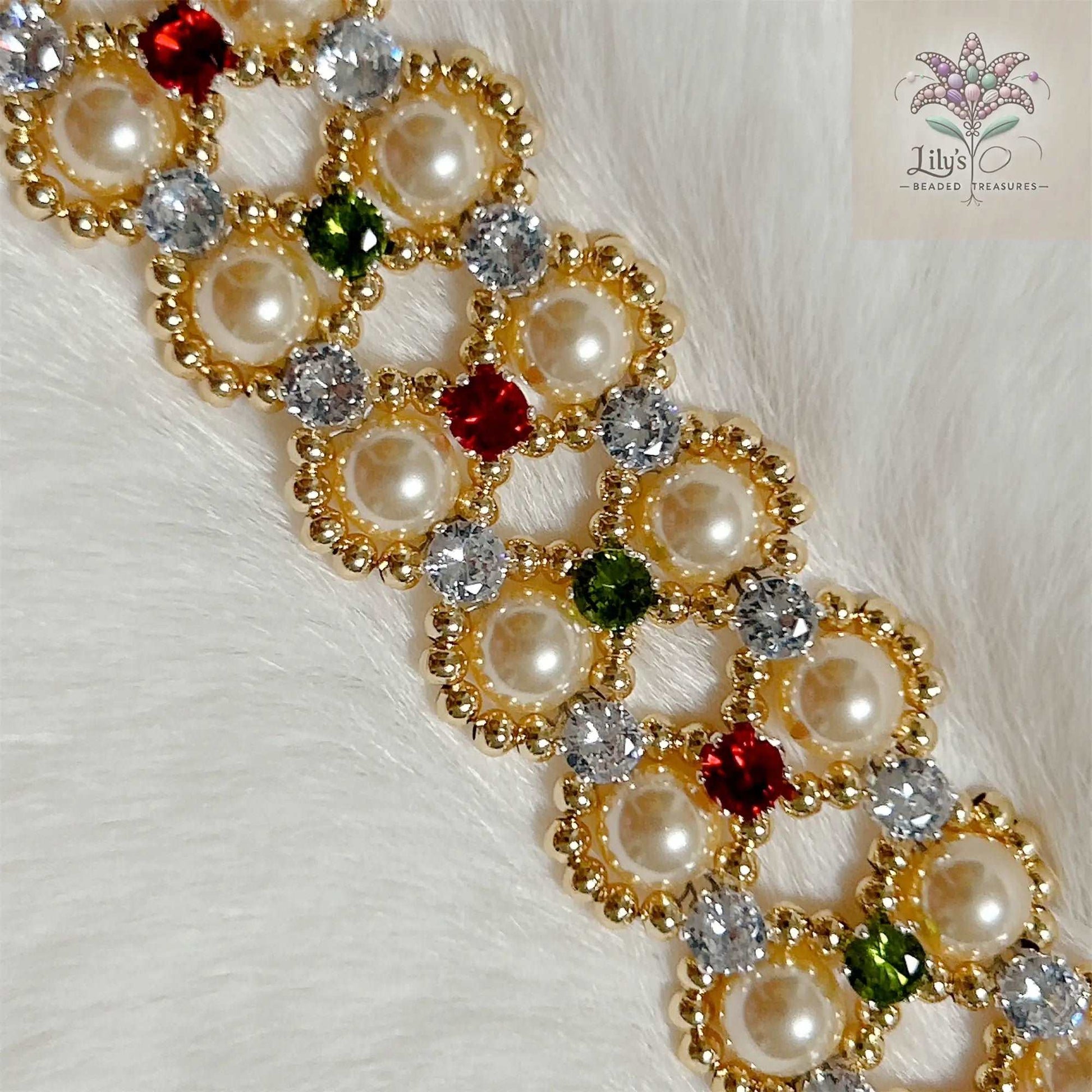 Handcrafted Bracelet With Golden Crystal Pearls And Green & Red Prong Setting Crystal Rhinestone For Christmas Gift