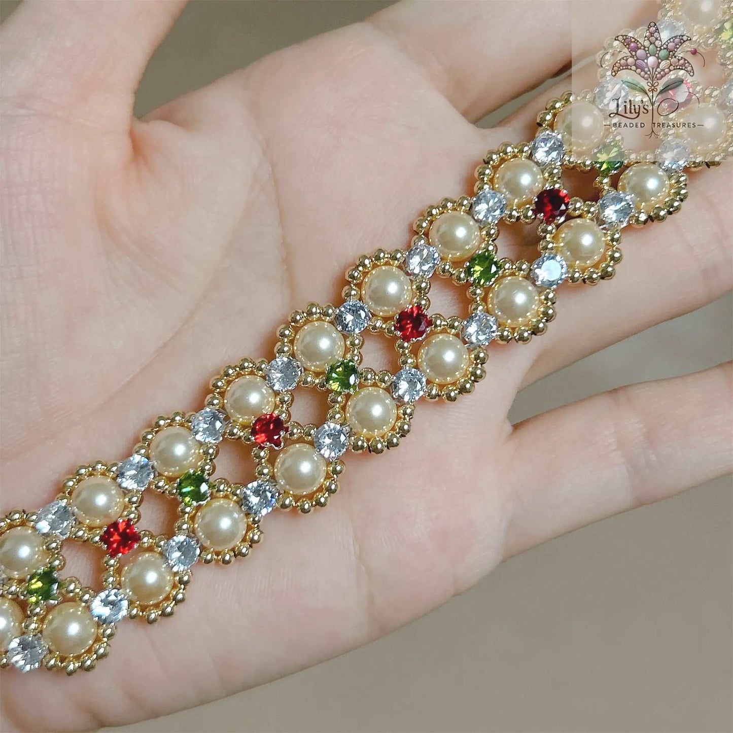 Handcrafted Bracelet With Golden Crystal Pearls And Green & Red Prong Setting Crystal Rhinestone For Christmas Gift