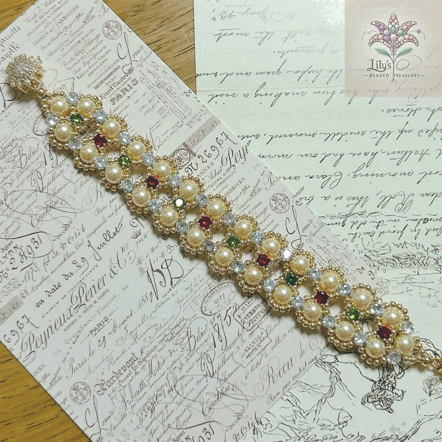 Handcrafted Bracelet With Golden Crystal Pearls And Green & Red Prong Setting Crystal Rhinestone For Christmas Gift