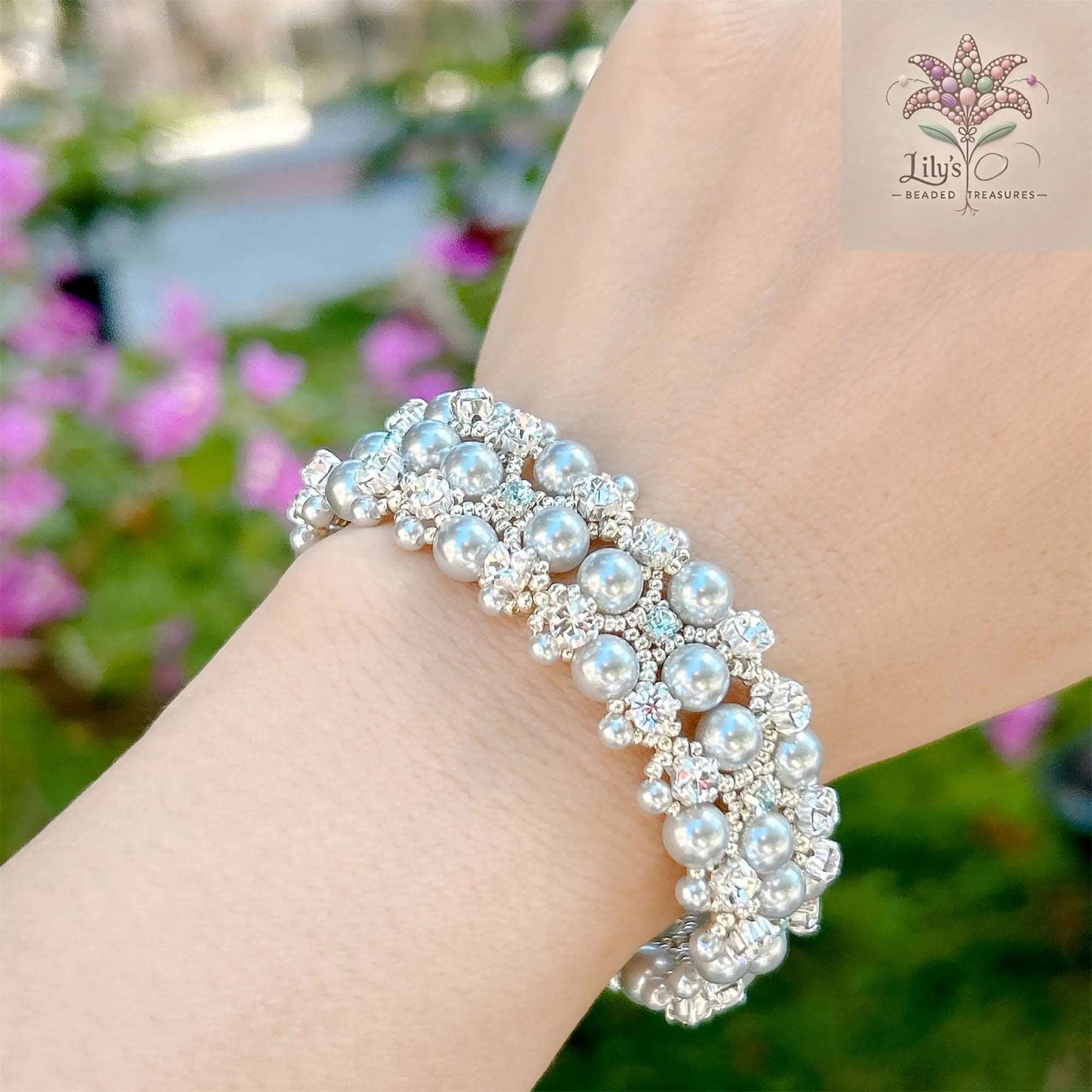 Handcrafted Seed Beads Bracelet With Powder Blue Crystal Pearls