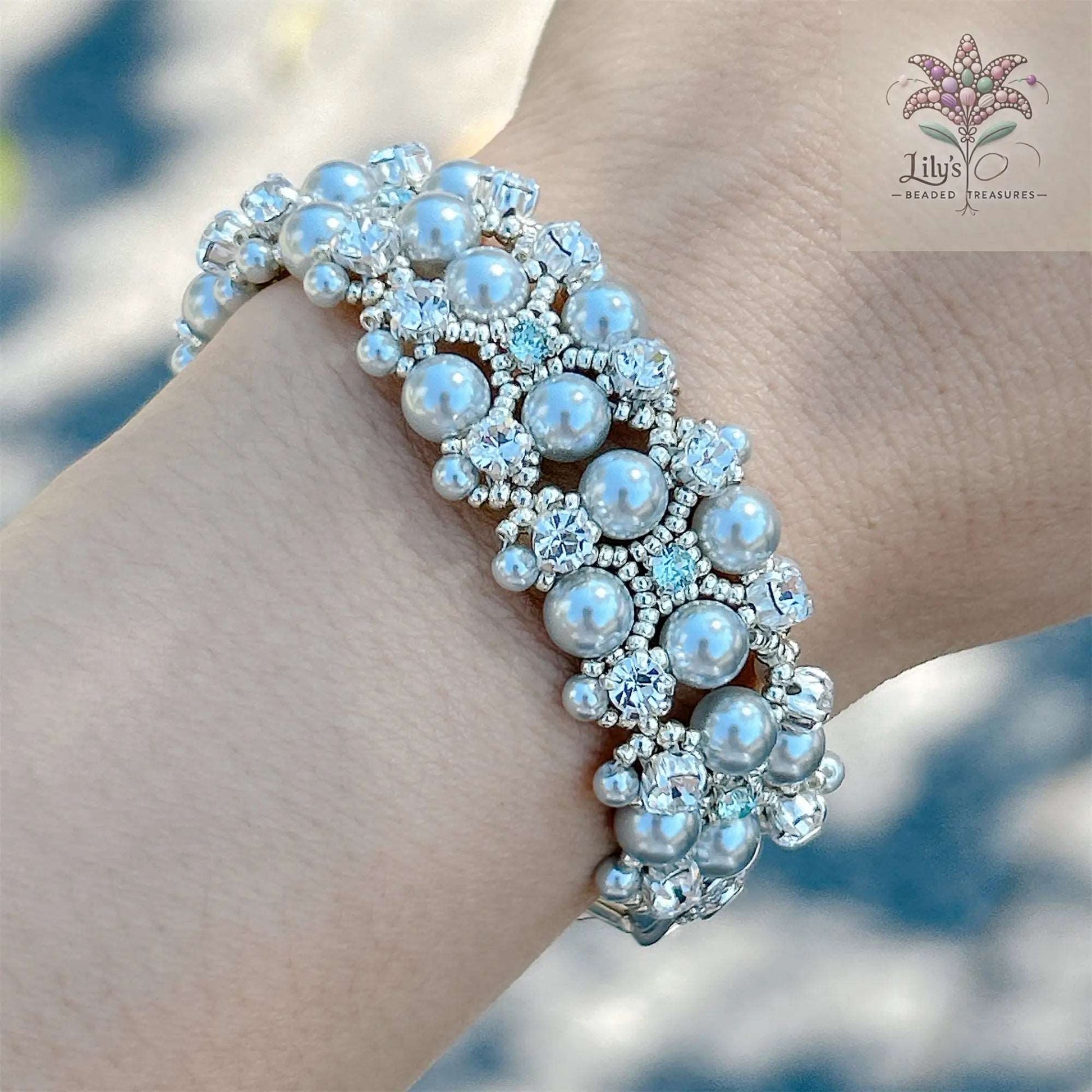 Handcrafted Seed Beads Bracelet With Powder Blue Crystal Pearls