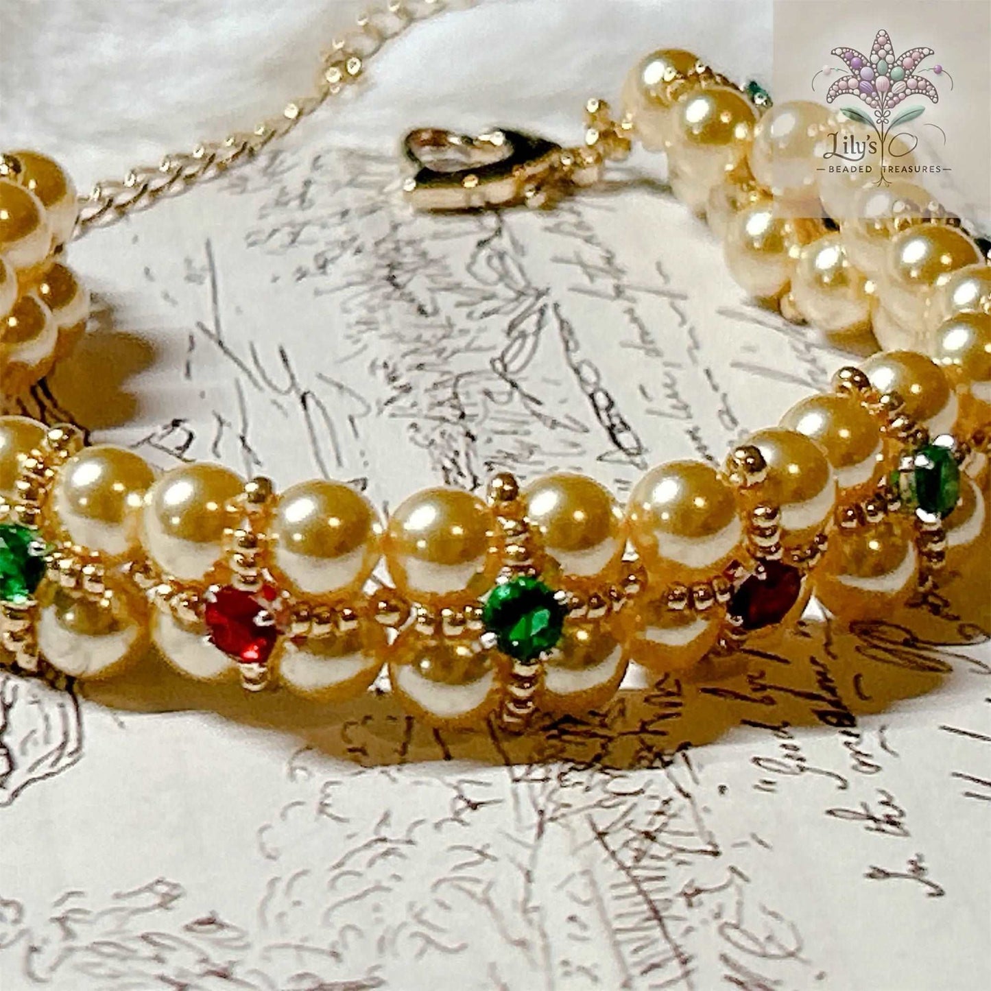 Handmade Beaded Bracelet With Golden Crystal Pearls And Green&Red Prong Setting Crystal Rhinestone Christmas Style