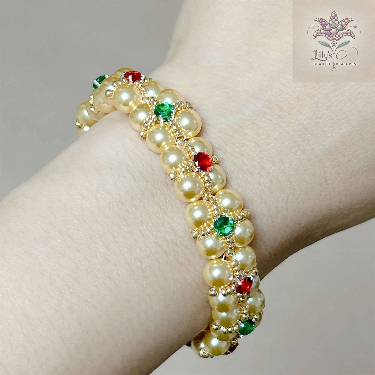 Handmade Beaded Bracelet With Golden Crystal Pearls And Green&Red Prong Setting Crystal Rhinestone Christmas Style