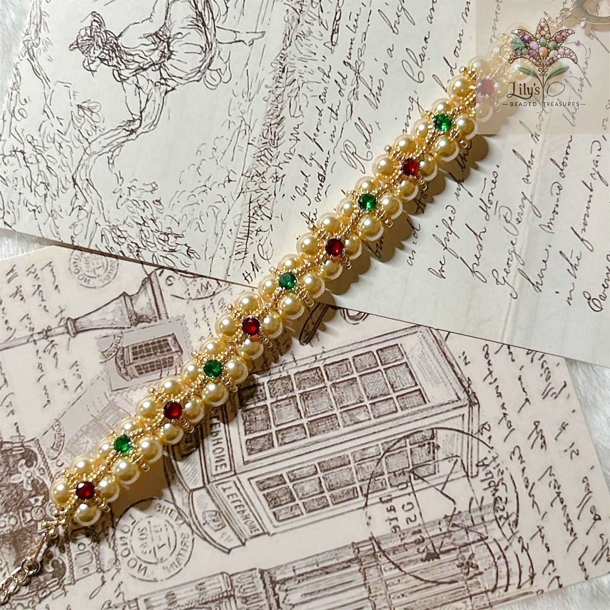 Handmade Beaded Bracelet With Golden Crystal Pearls And Green&Red Prong Setting Crystal Rhinestone Christmas Style