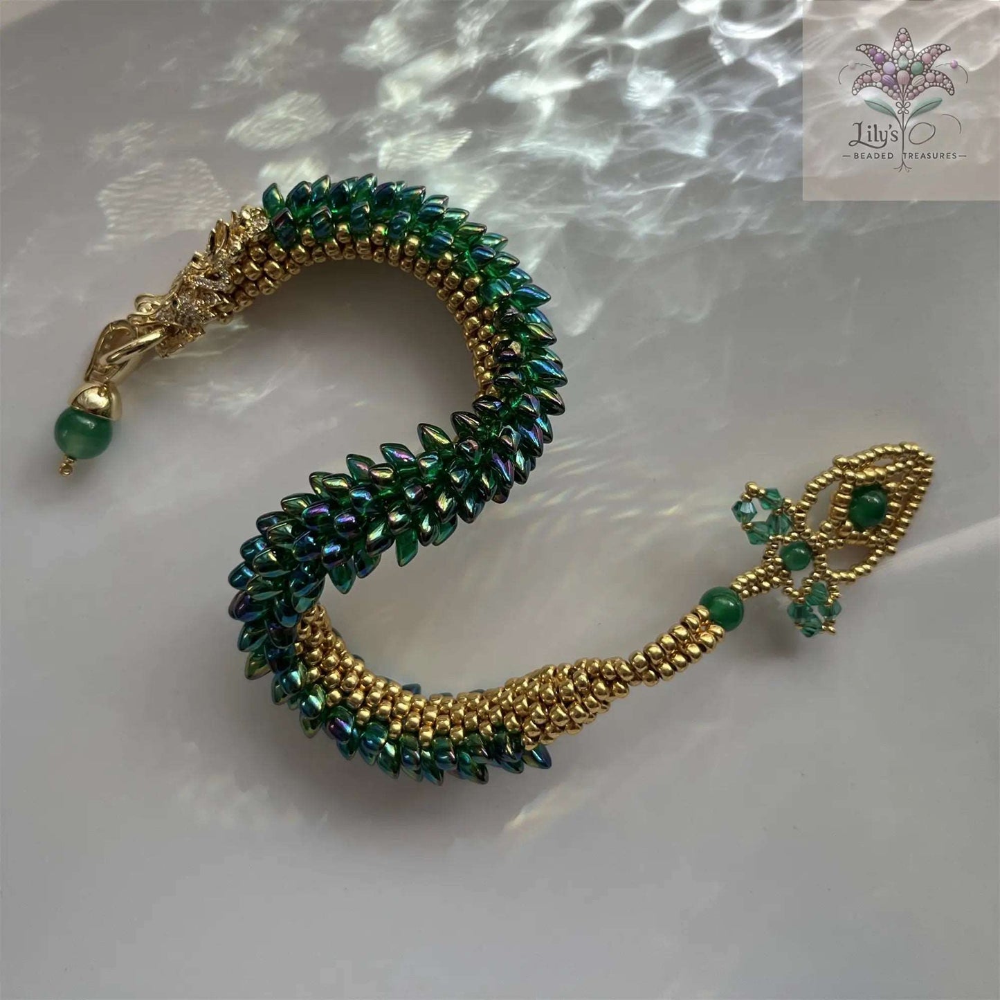 Handmade Beads Bracelet Dragon Roar Pro Max Green Scales Golden Head With Green Gemstone