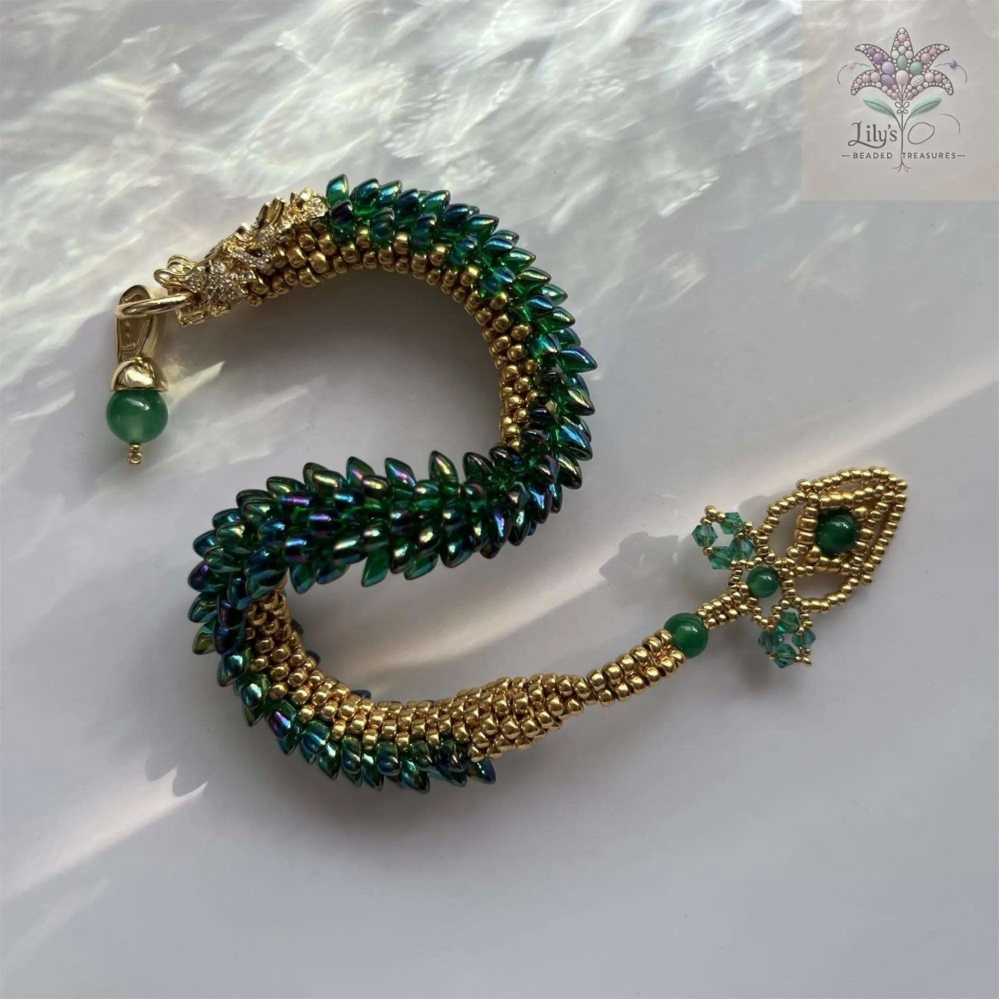 Handmade Beads Bracelet Dragon Roar Pro Max Green Scales Golden Head With Green Gemstone