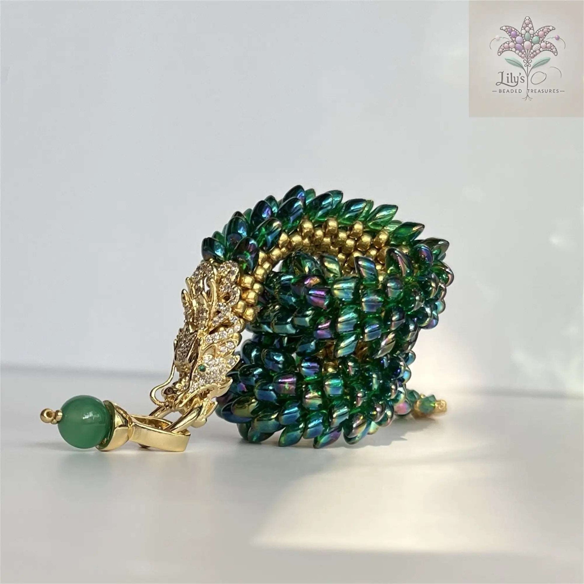 Handmade Beads Bracelet Dragon Roar Pro Max Green Scales Golden Head With Green Gemstone