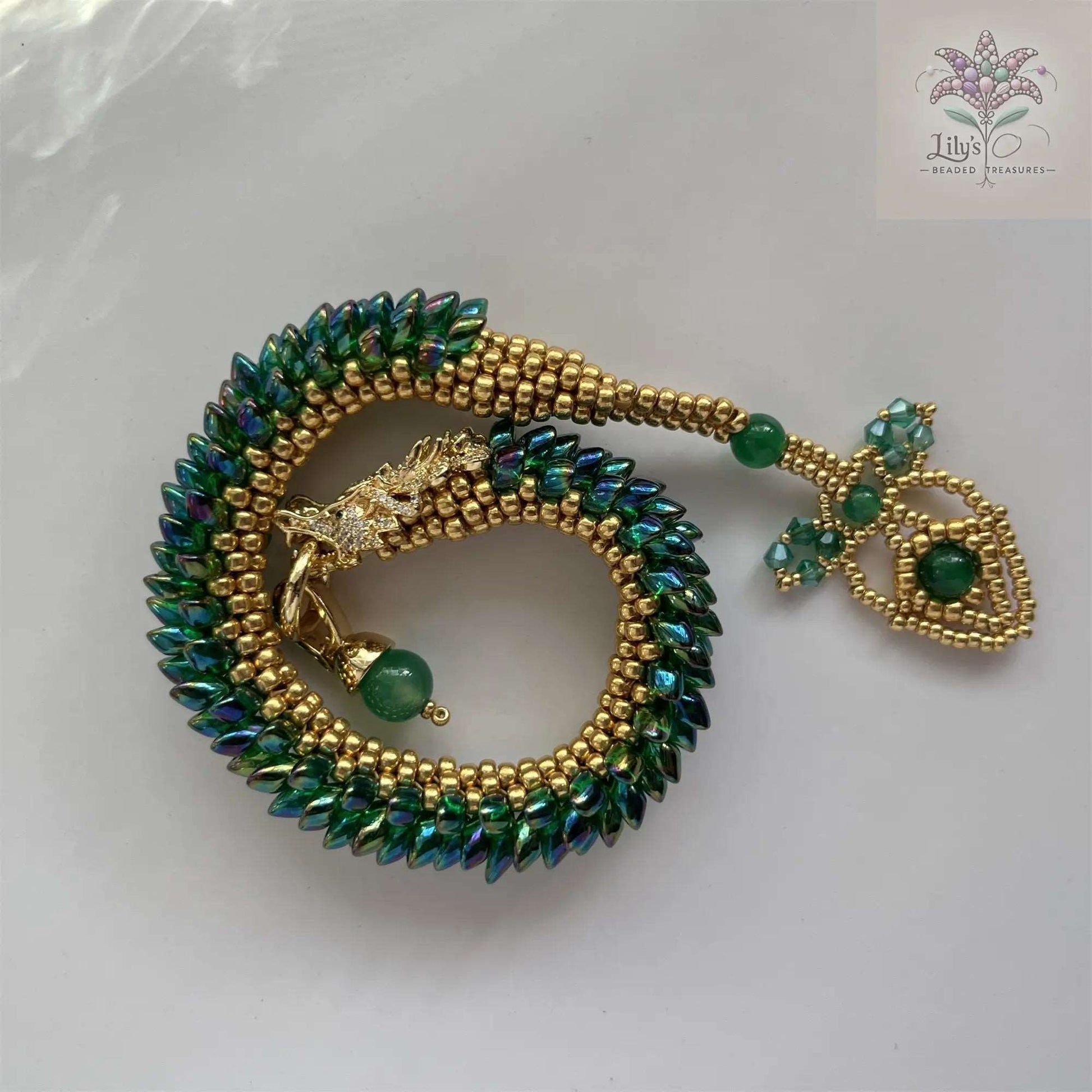 Handmade Beads Bracelet Dragon Roar Pro Max Green Scales Golden Head With Green Gemstone